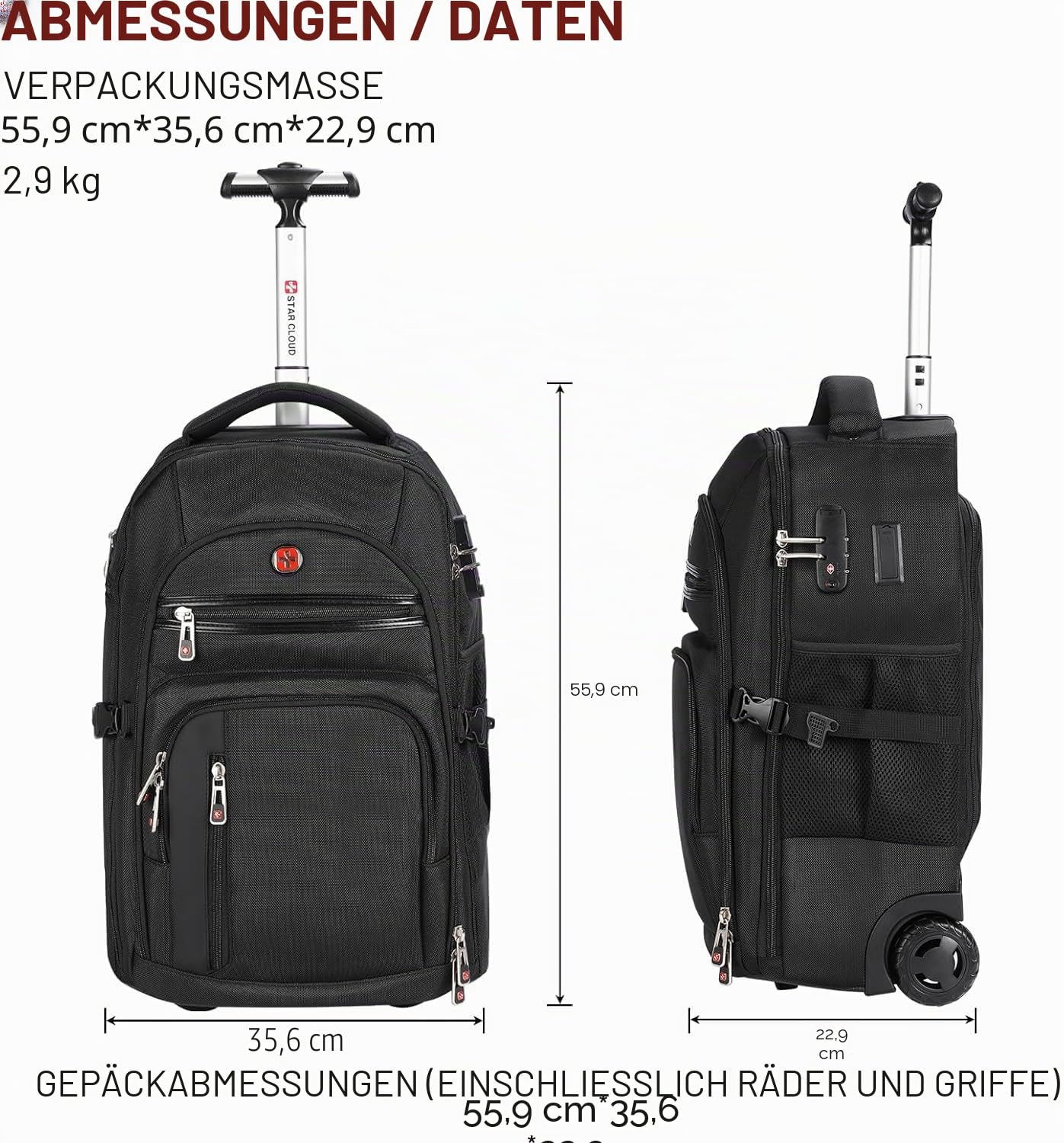 star cloud Rollrucksack mit Rollen, USB- und Typ-C-Ladeanschlüssen, 21 x 14 x 9 cm, Schwarz, 17.3 INCH, Reiserucksäcke