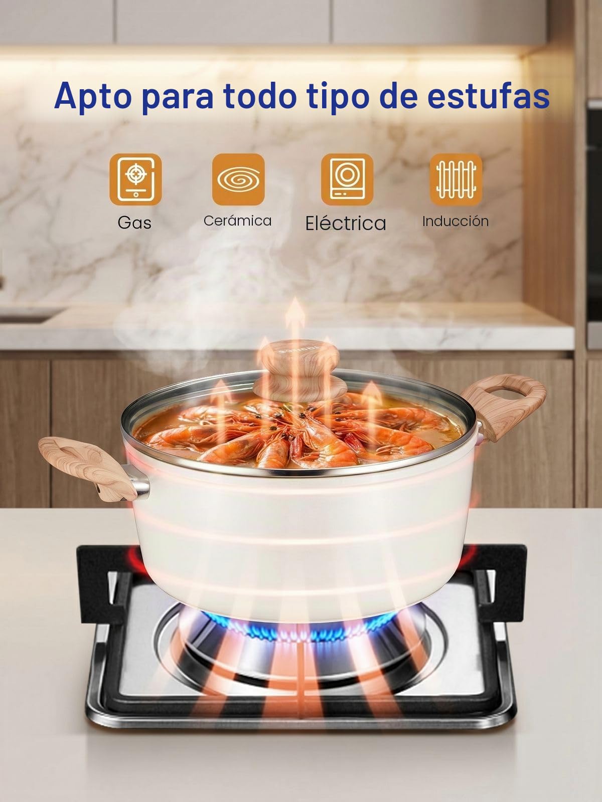 Juego de ollas y sartenes FOHERE, cerámica antiadherente, 15 piezas | Apto para inducción, incluye cacerolas de 16/18cm, sartenes de 20/28cm, bandeja para pizza de 30cm y vaporera de 24cm, blanco