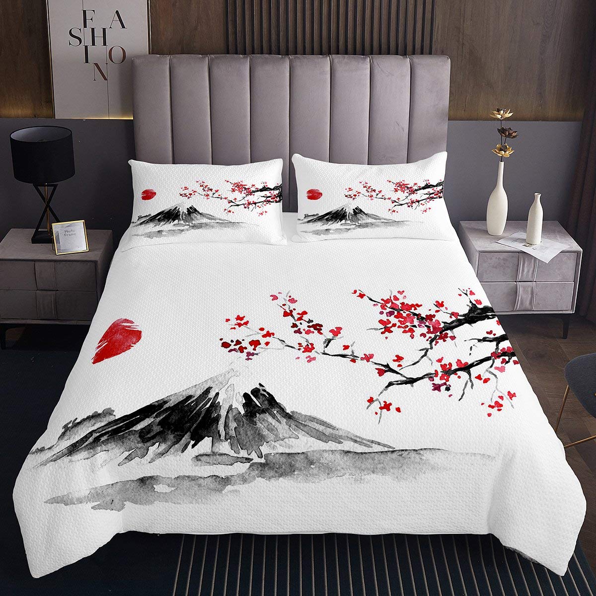 Homemissing Girls Multi 35 Cherry Blossom Coverlet Set Chic Japanese Style Quilted Bedspread For Kids Children Exotic Fuji Mountain Quilted Coverlet Soft Natural Scenery Art Decor Quilted King Size