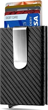 MOSIYEEF Slim RFID Blocking Card Holder Wallet for Men - Minimalist Pop Up Credit Card Holder Wallet with Stainless Steel Money Clip, Carbon Fiber Leather Case, Holds 6 Cards - Ideal Gift for Him