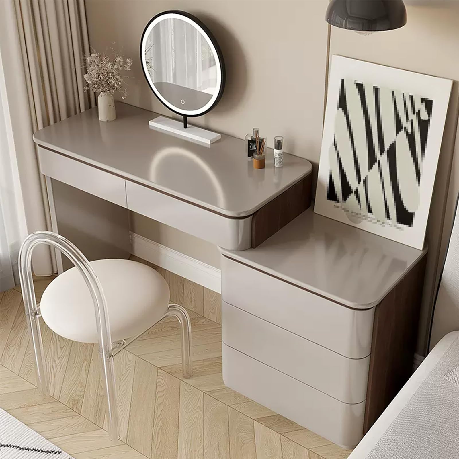 CGCSYZ Khaki Makeup Vanity, Vanity Desk with Acrylic Chair, Makeup Dressing Table with Round LED Light Mirror, Makeup Table with Movable Storage Cabinet, Vanity Table Set for Bedroom(80cm/31.5in)