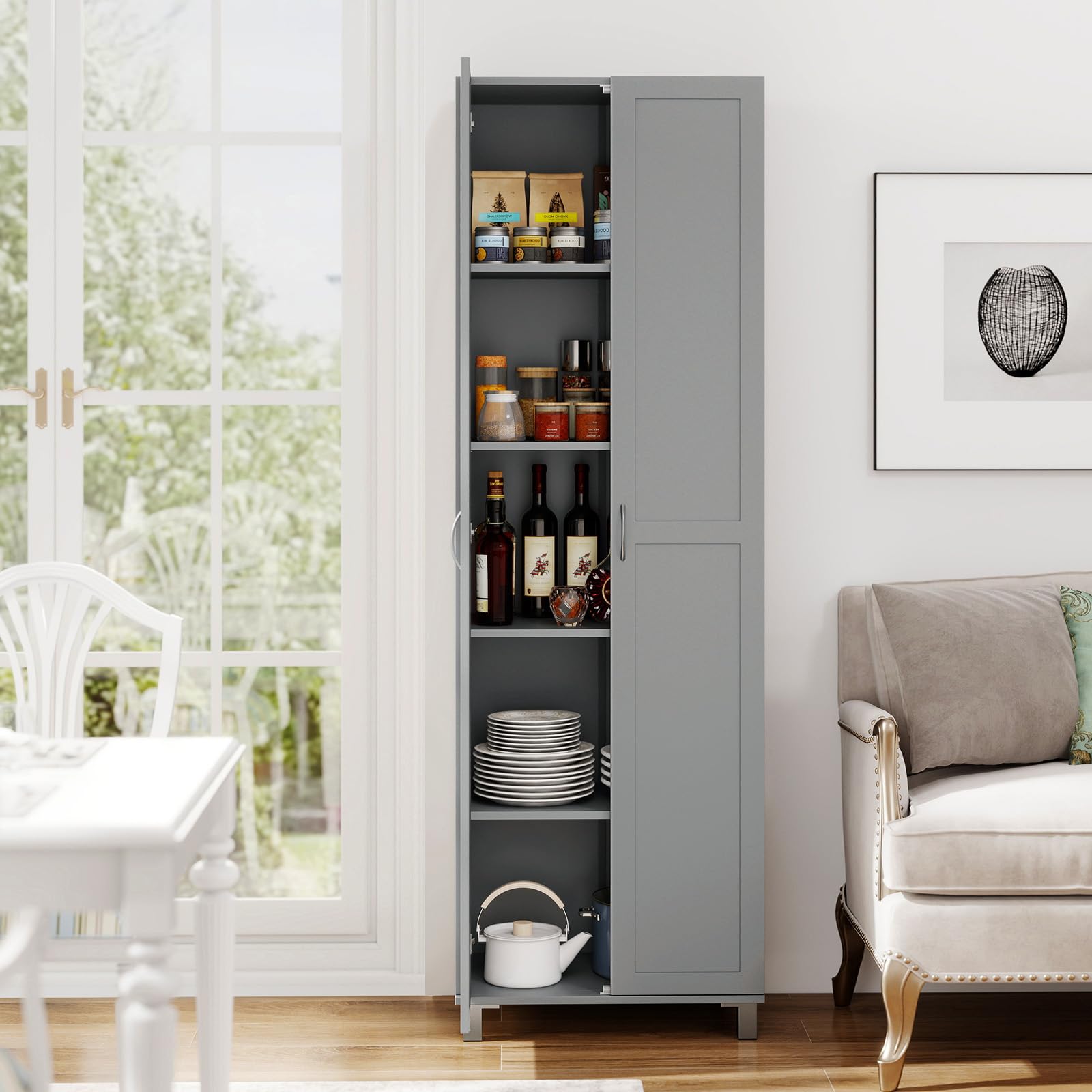 COSTWAY Küchenschrank hoch, 187 cm, Vorratsschrank mit 2 Türen & verstellbarem Regal, Mehrzweckschrank modern, Hochschrank Buffetschrank, für Küche Esszimmer Wohnzimmer (Grau)