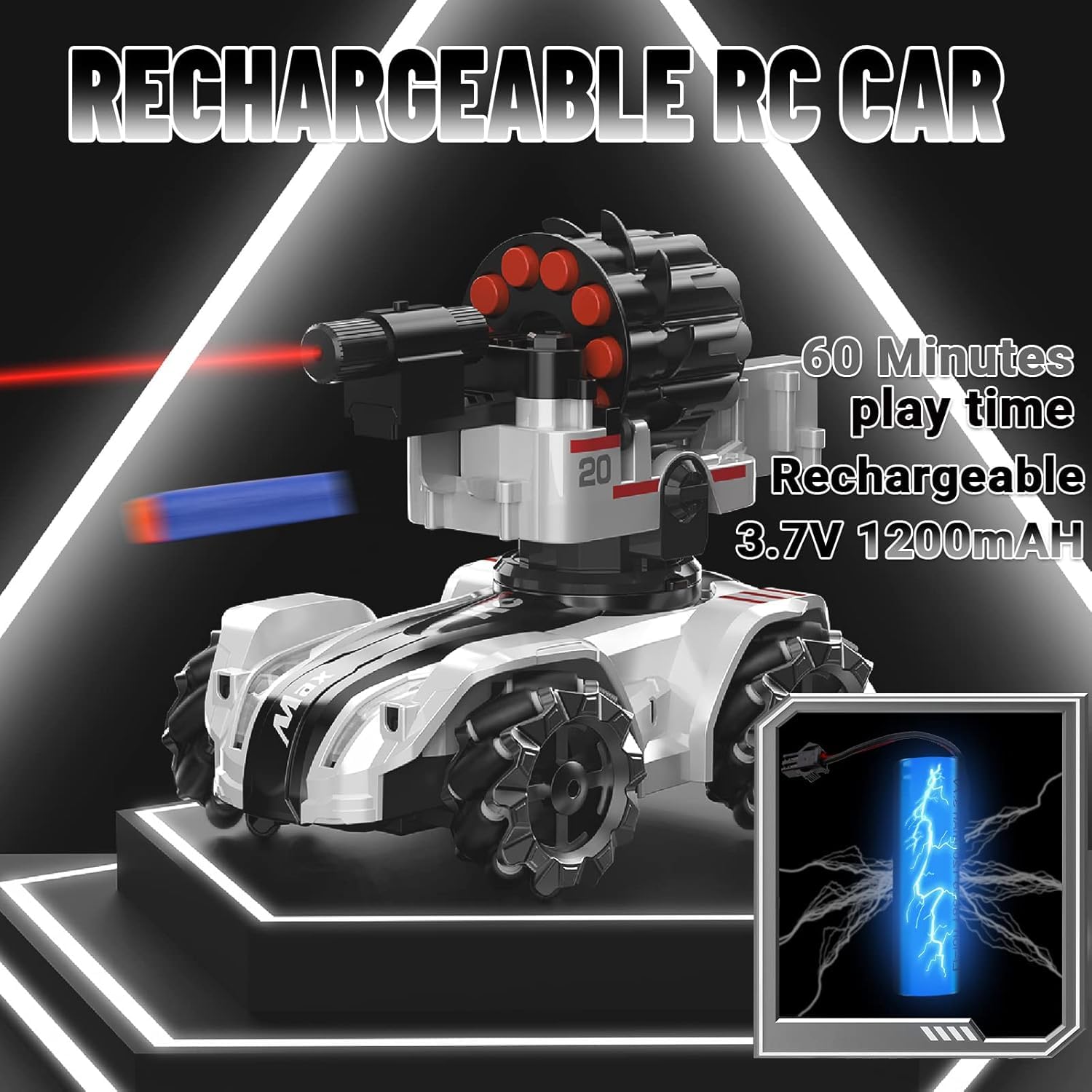 Coche de Control Remoto 2.4GHz 4WD RC Stunt Car 360° Rotación Drifting con Torretas y Dardos