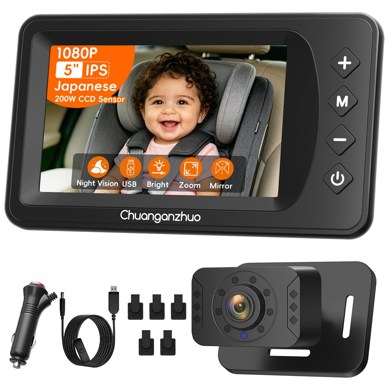 Baby Car Camera USB with No.1 Clarity, 5'' HD 1080P IPS Baby Car Monitor with 3X Zoom, Backseat/Carseat/Rear Seat Camera with Ultra Night Vision, Easy No-Damage Install, S100P(5inch Black)