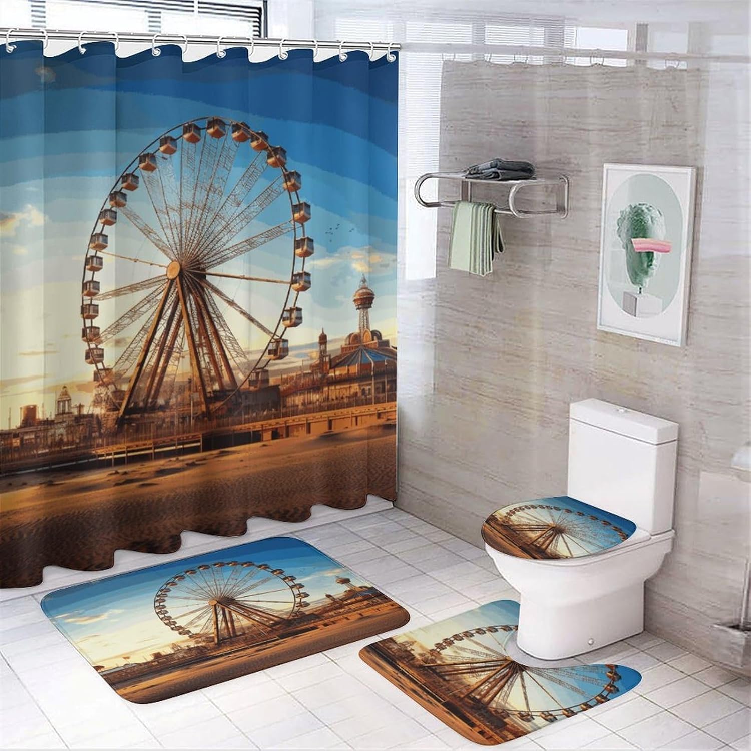Ferris Wheel 4Pcs Shower Curtain Set with Non-Slip Rugs, Toilet Lid Cover and Bath Mat,Bathroom Set Decor Accessories,Curtain Set with 12 Hooks, 72 X 72 Inch