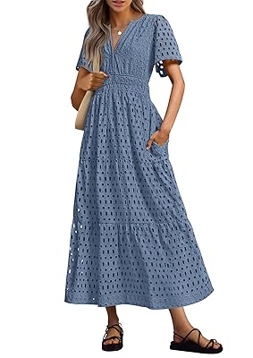 PRETTYGARDEN Womens 2025 Summer Maxi Dress Short Sleeve V Neck Hollow Out Eyelet A Line Long Flowy Beach Vacation Dresses