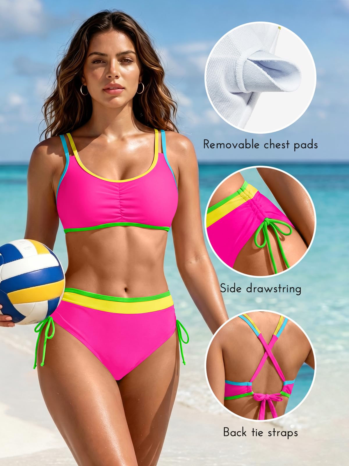 SHEKINI Conjunto de bikini de cintura alta para mujer, traje de baño de 2 piezas, traje de baño sexy, traje de baño push up, parte superior de bikini con lazo lateral