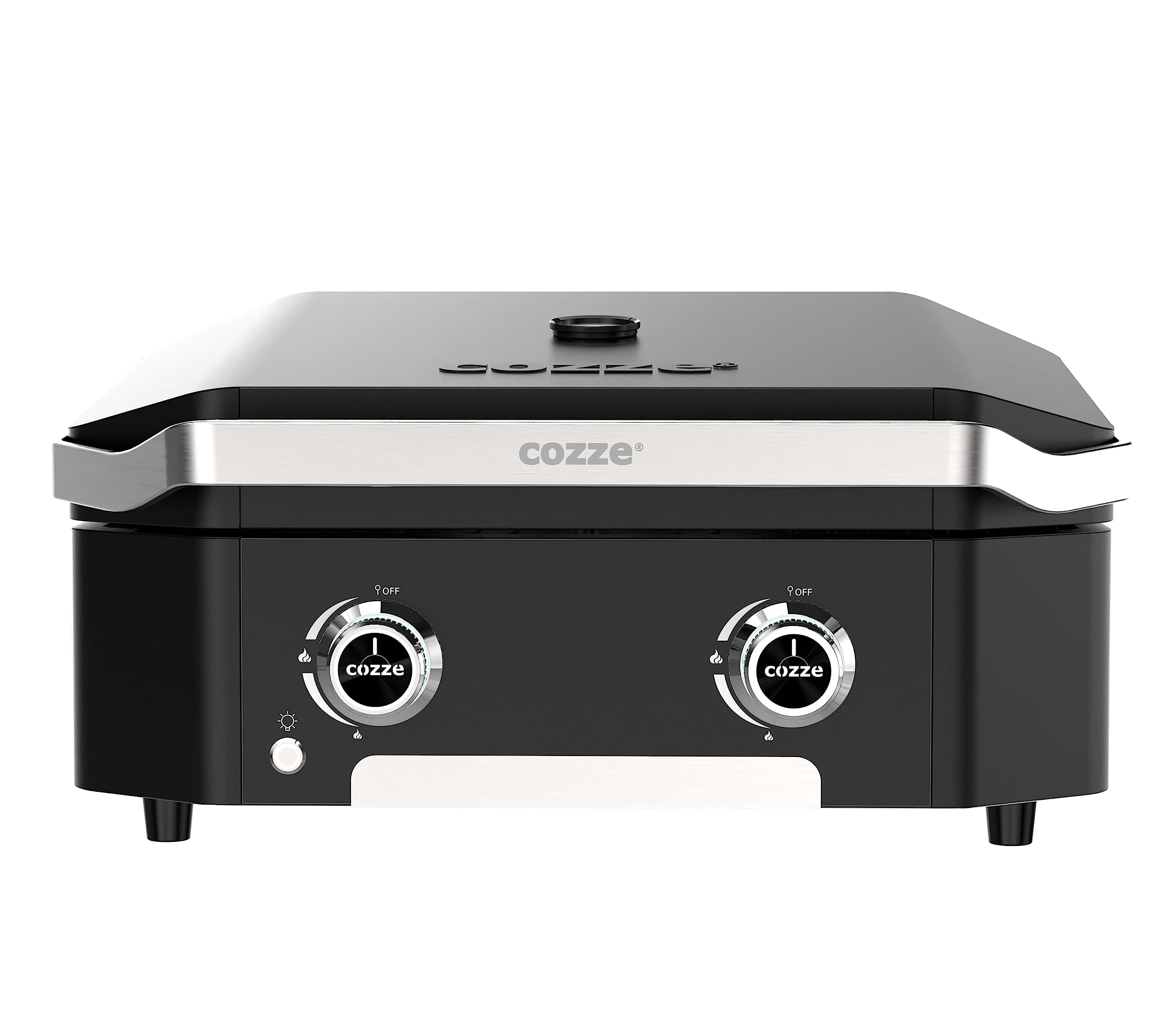 cozze® Plancha Gasgrill 600 mit Deckel | 2 Brenner | Wendeplatte aus Gusseisen | LED-Drehregler mit Leuchtanzeige | Inkl. Schlauch & Regler | 50 mbar | 65 x 57 cm