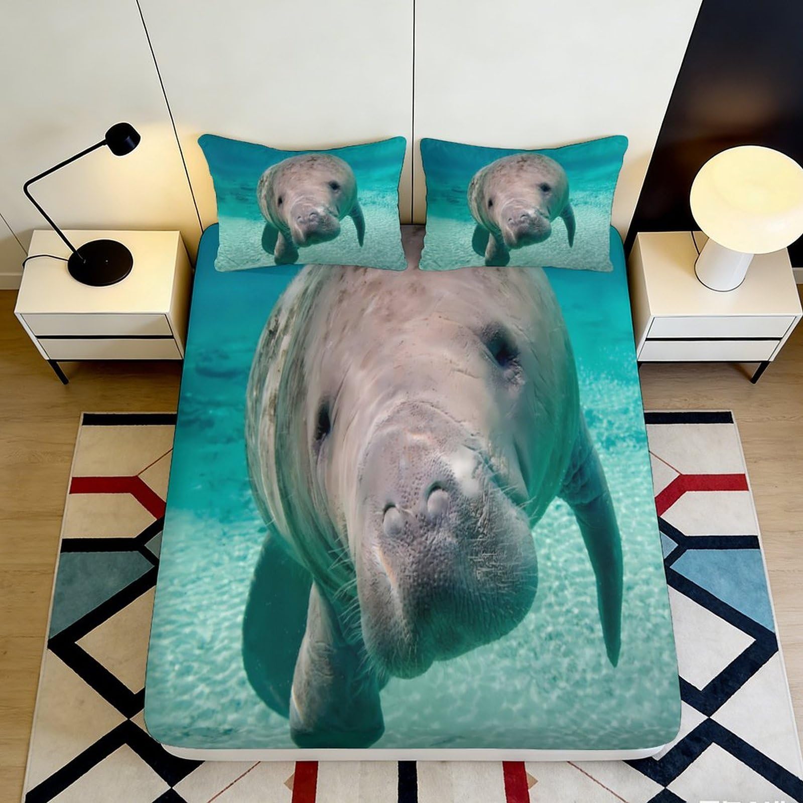 3D Printed Manatee Ocean Fitted Sheet Microfiber Soft Anti-Slip Bed Cover for Bedroom Guest Room Decor Easy Care 90x200x25cm