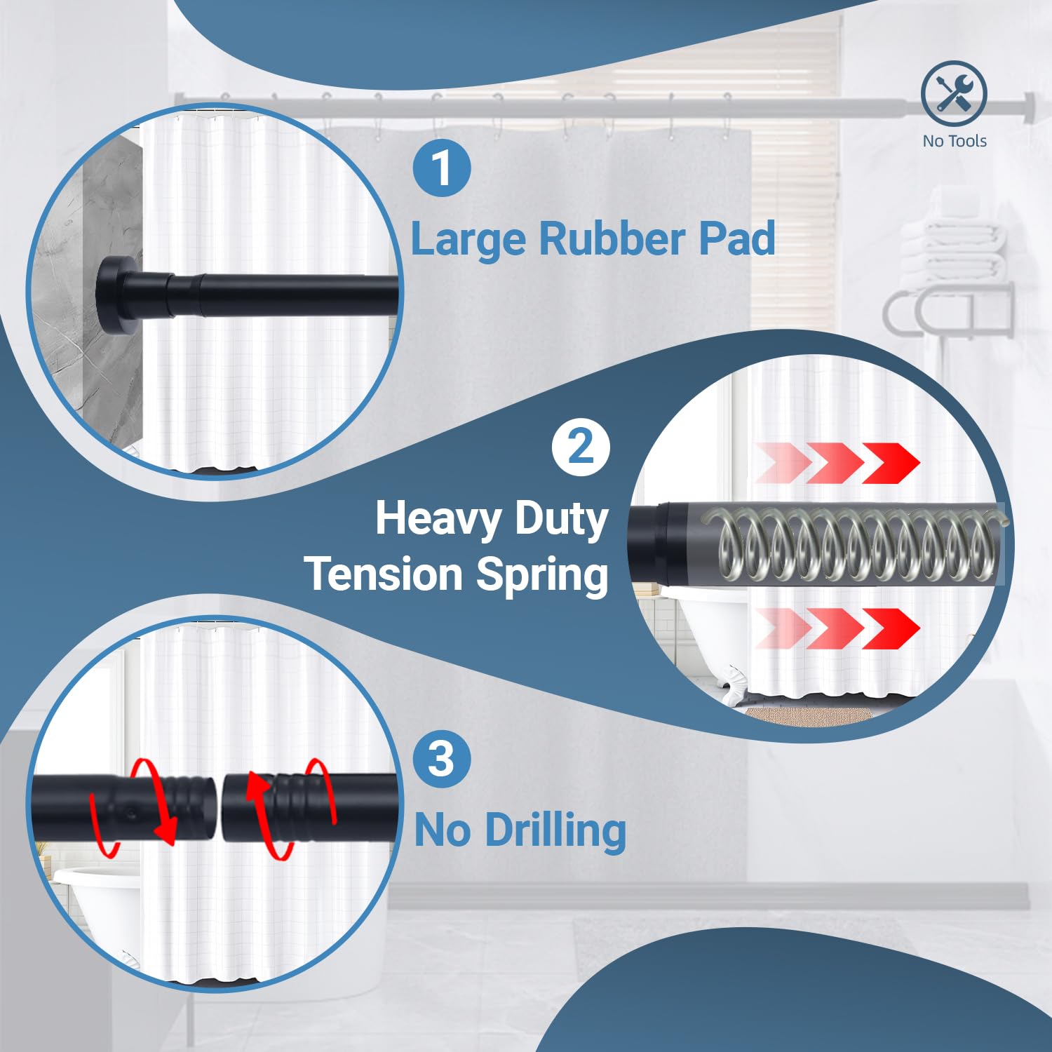 Tringle à rideau de douche réglable de 76 cm à 144 cm de diamètre - Noir - Barre de tension à ressort pour salle de bain - Sans perçage - Antidérapante