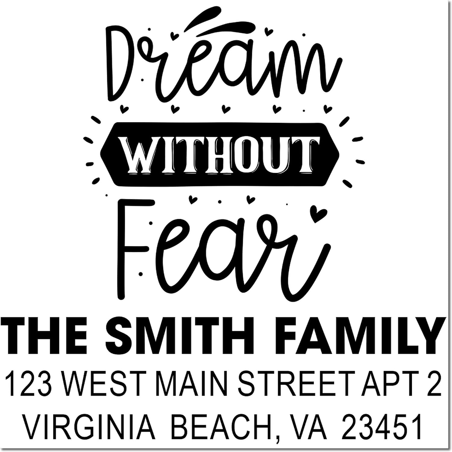 Personalized 3-Line Rubber Stamp with Heart Script Design, Custom Wood Handle, 1-5/8 Square, Ideal for Crafters & Small Business, Fearless Dreaming