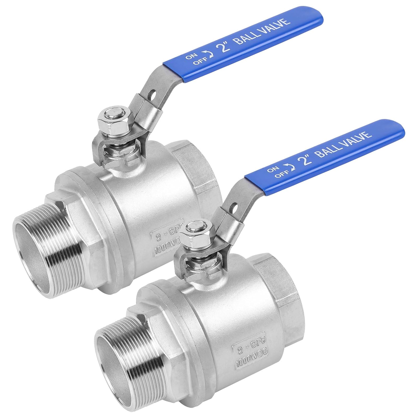 Paquete de 2 válvulas de bola de puerto completo de 2 pulgadas NPT macho x hembra 304 de acero inoxidable resistente 1000 WOG válvula de cierre con dispositivo de bloqueo (2 pulgadas)
