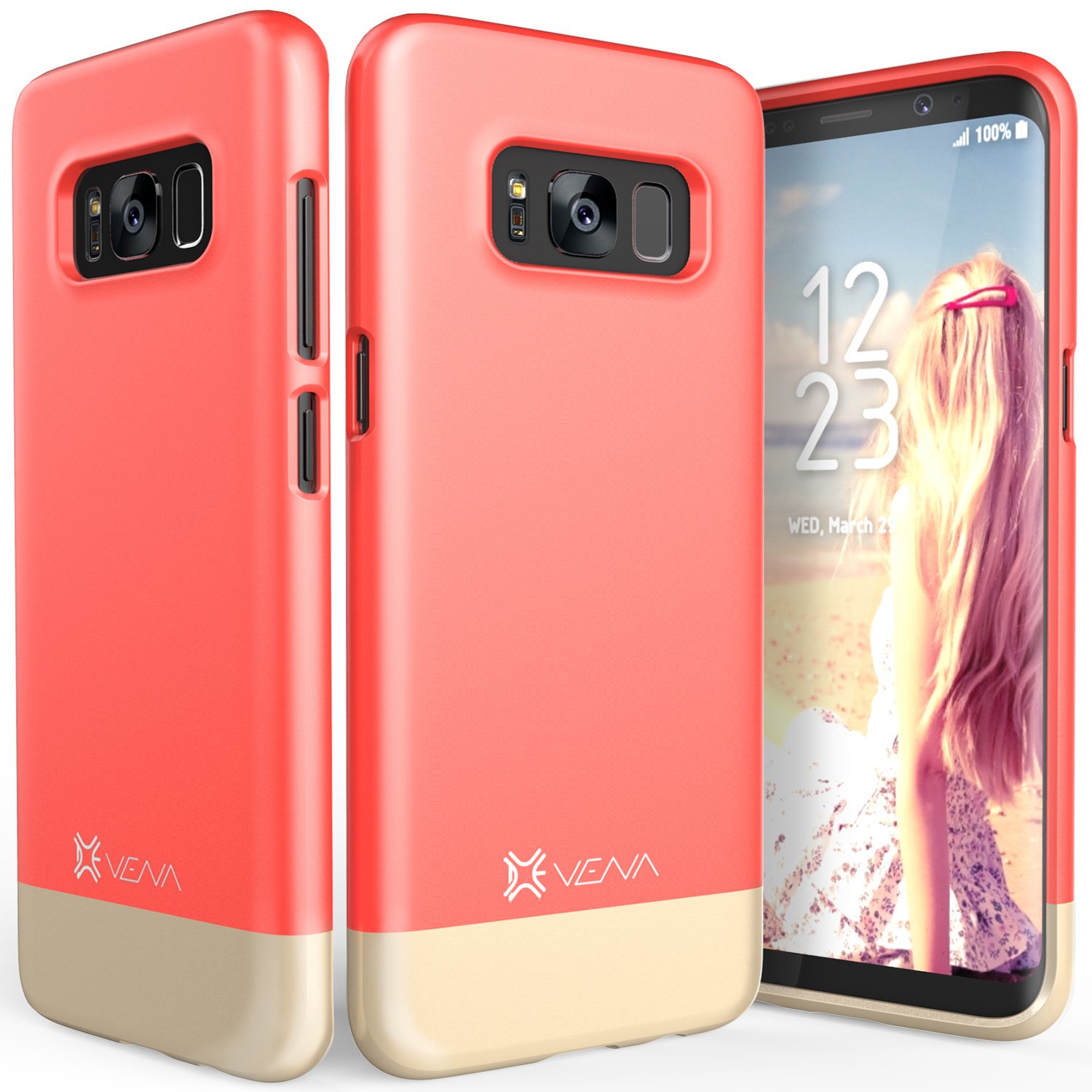 Vena iSlide [Two-Tone] Dock-Friendly Slim Fit Hard Case Cover for Samsung Galaxy S8 - Coral Red/Champagne Gold