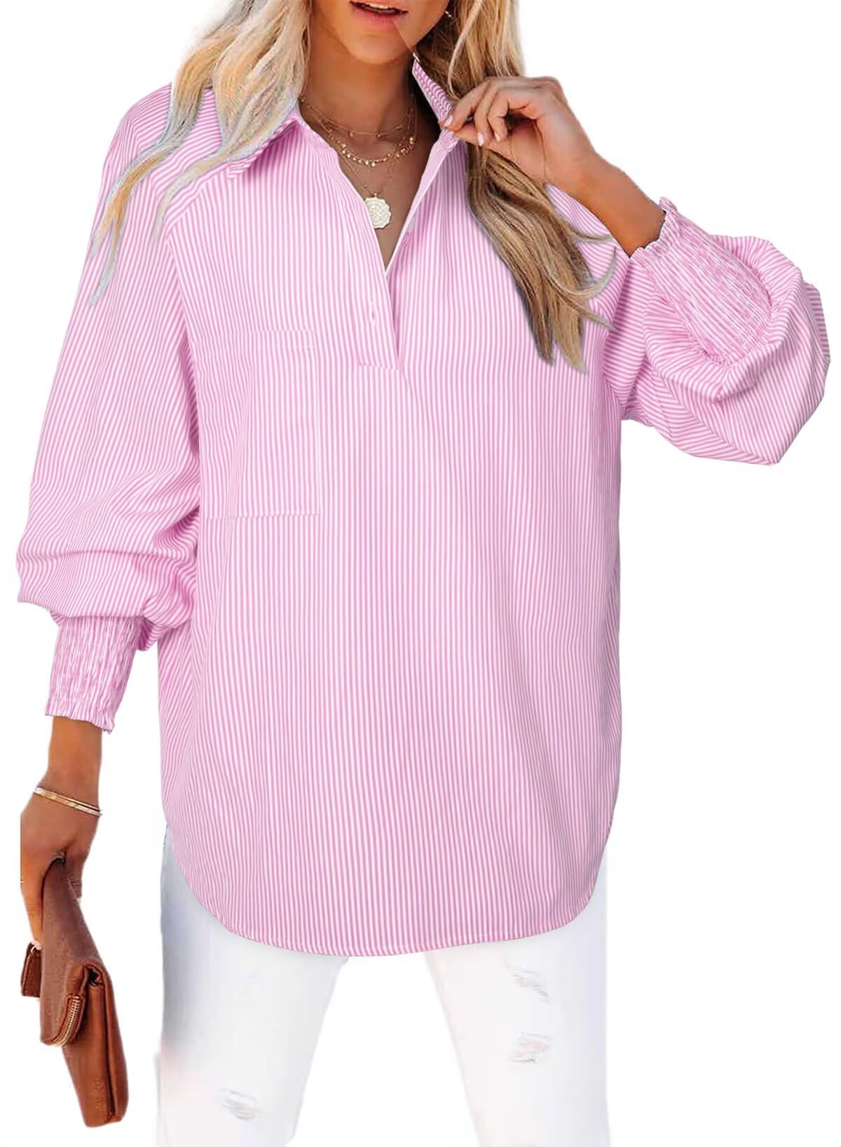 Astylish Women 2025 Fine Striped Smocked Cuffed Henley Shirts Long Sleeve Collared Blouse Tops with Pocket