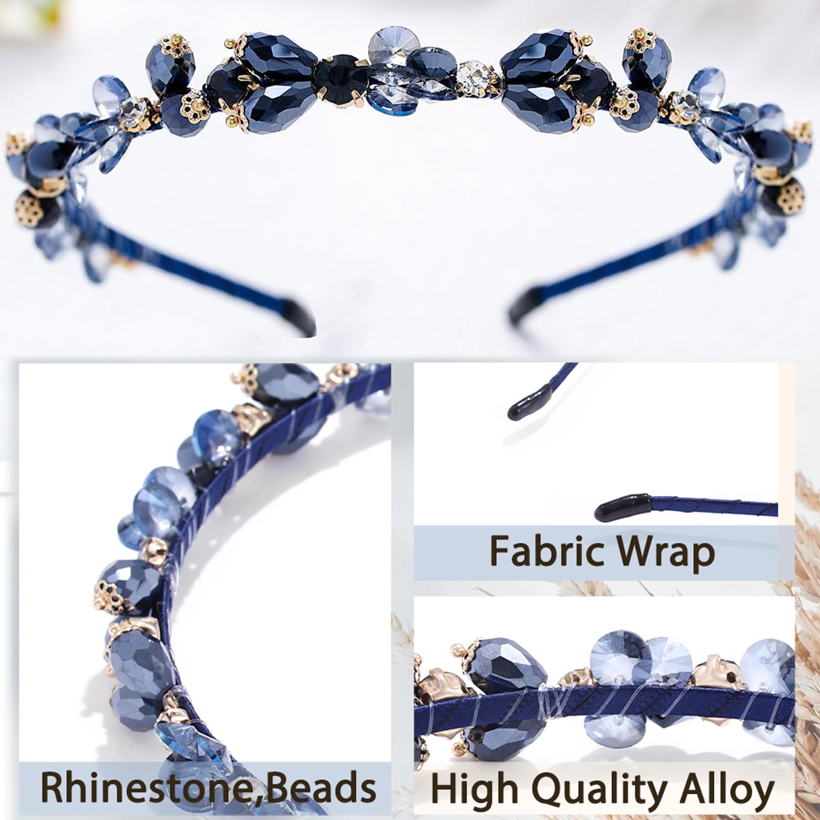 SSyang Bling Rhinestone Crystal Hair Band Navy Blue Gem Vintage Thin Hair Band Party Prom Hair Accessories for Women and Girls 15 x 12 cm (Blue) - Image 3
