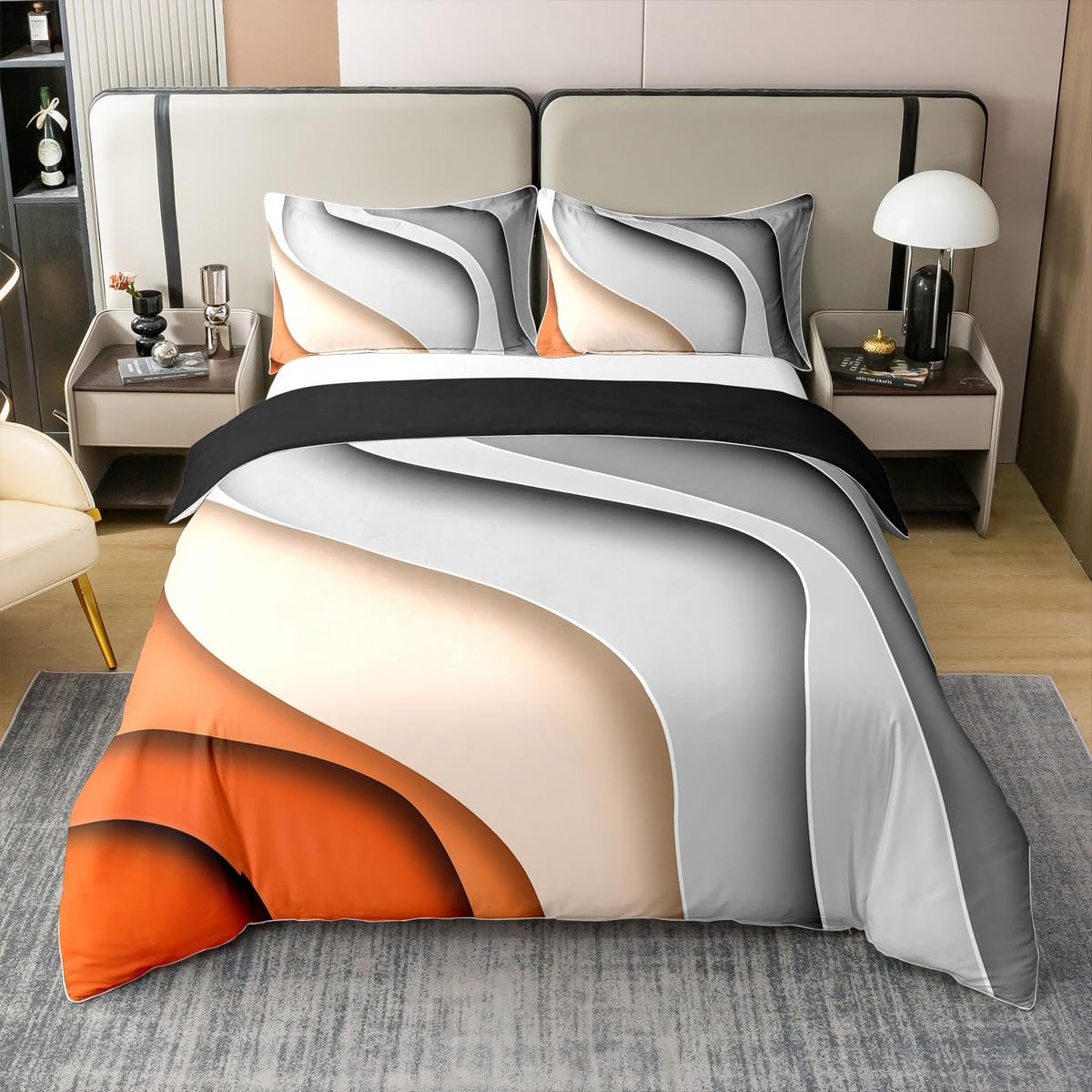 100% Cotton Geometric Stripes Bedspread Cover,Ombre Watercolor Quilt Cover,Orange Grey Comforter Cover,Abstract Lines Bedding Set For Bedroom Decor,Contemporary Art Duvet Cover Single