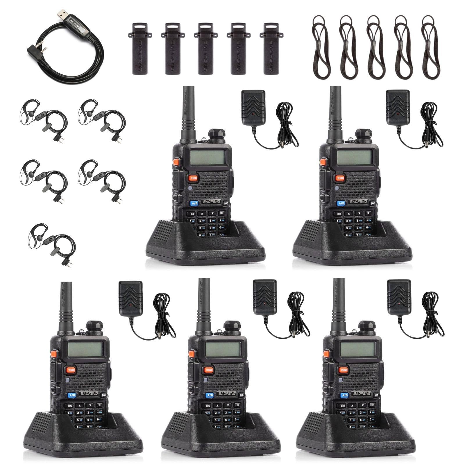 [5 Packs] Baofeng UV-5R Two Way Radio Dual Band 144-148/420-450Mhz Walkie Talkie with 1800mAh Li-ion Battery, Programming Cable, Headset, Belt Clip,