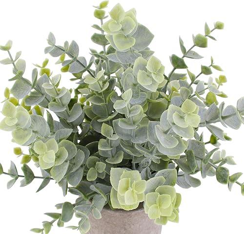 Miniatura 8 de Paquete de 3 mini plantas artificiales en maceta, plantas de eucalipto sintético, boj y romero en macetas, pequeñas plantas de interior para