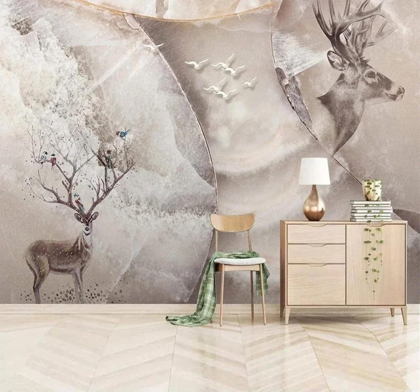 Tzxztt Retro Moose Birds Faux Marble Art Modern 3D Wallpaper Premium Textured Silk Neutral Tones Material Ideal for Living Room Bedroom-300cm×210cm