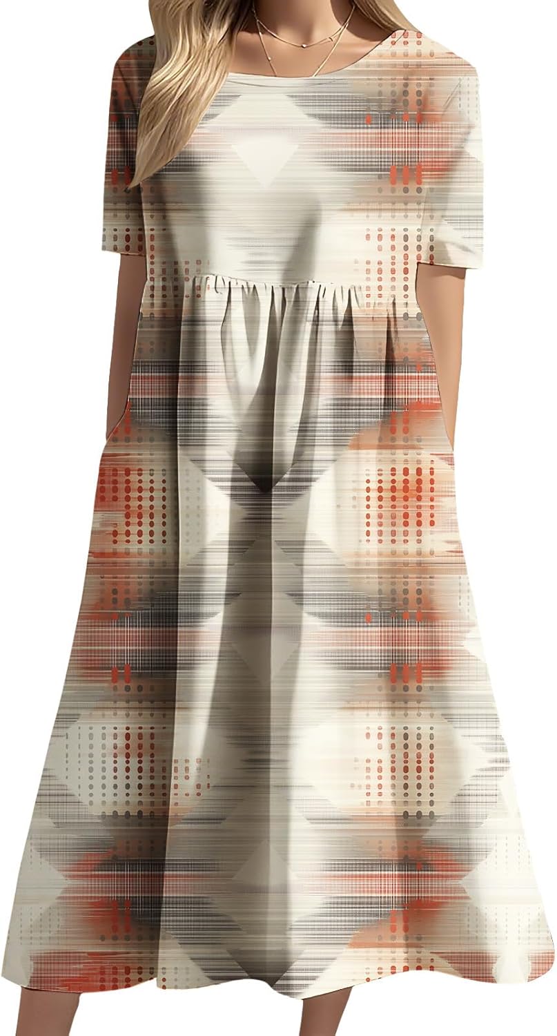Women's Summer Floral Graphic Midi Dress Fashion Casual Loose Short Sleeve Crew Neck Dress Flowy Lightweight
