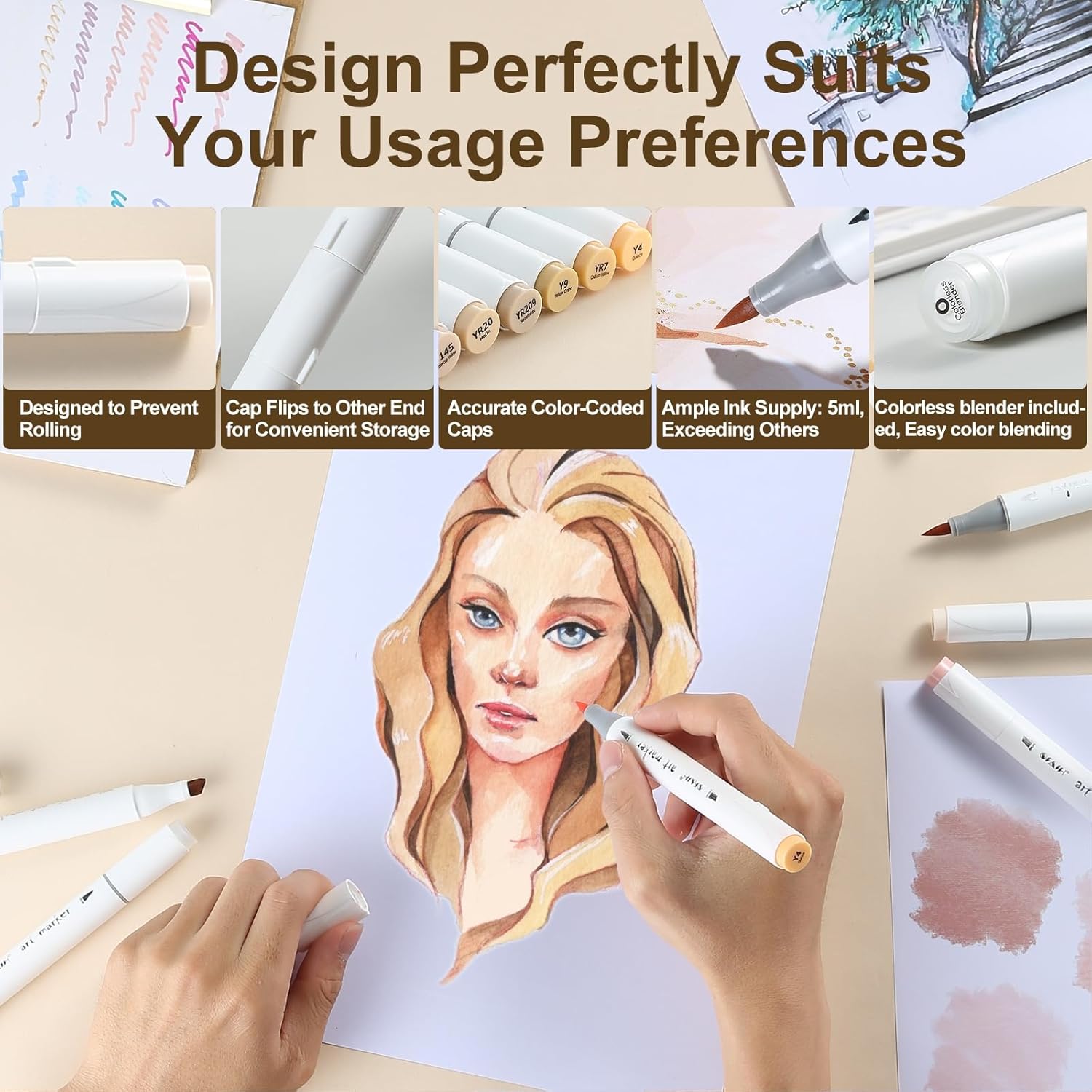 SFAIH Skin Tone Brush Tip Alcohol Markers - 12 Light Skin Colors Double Tipped Art Markers for Artist Adult Coloring Illustration, Gifts for Artist Adult, Dual Tip Brush & Chisel - Refillable Ink - Image 3