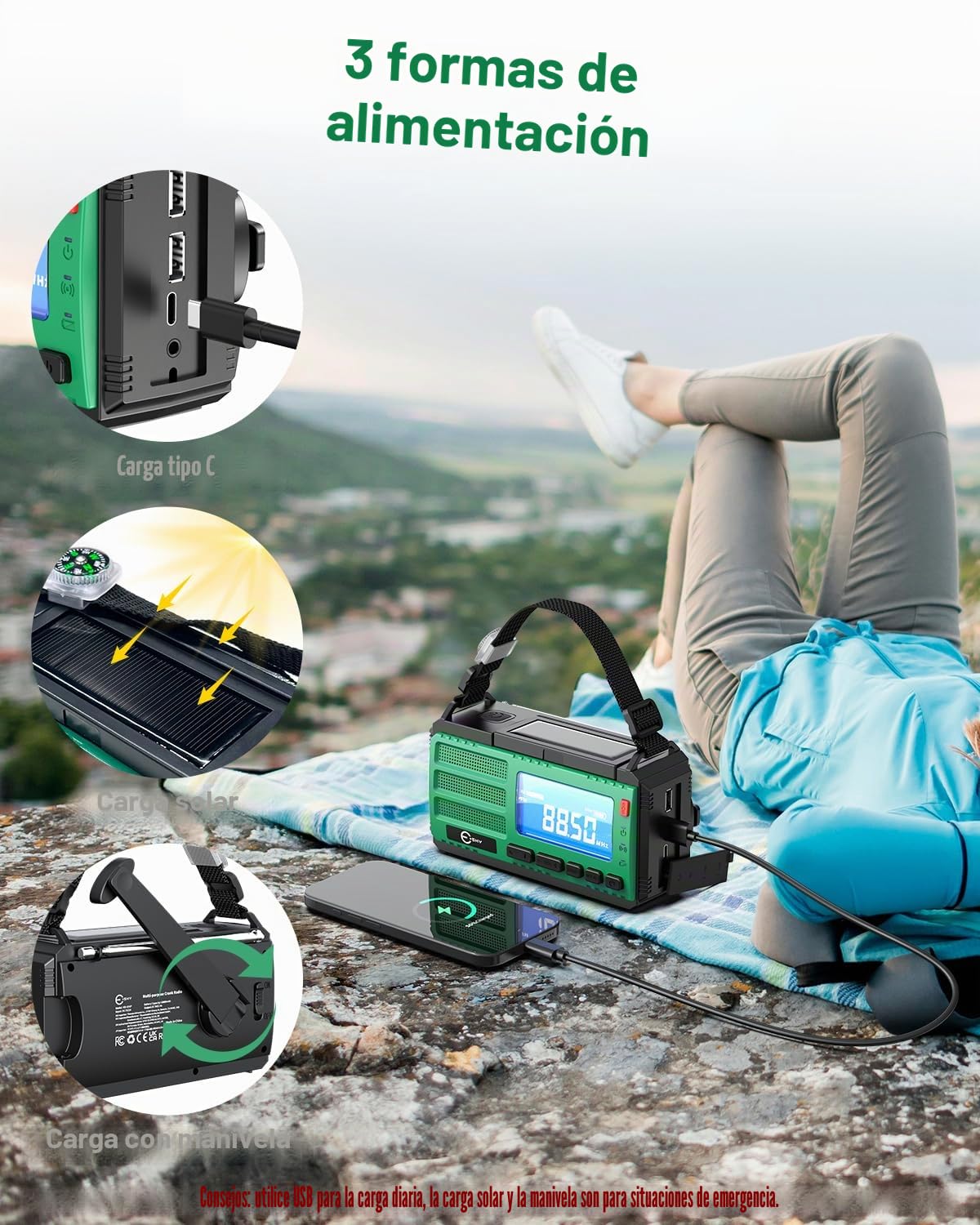Esky Radio Solar 10000mAh, Radio de Emergencia Portátil con Manivela AM/FM/NOAA con Powerbank, Linterna LED, Luz de Lectura, SOS y Brújula, Recargable por USB, Solar o Manivela para Camping y Apagones