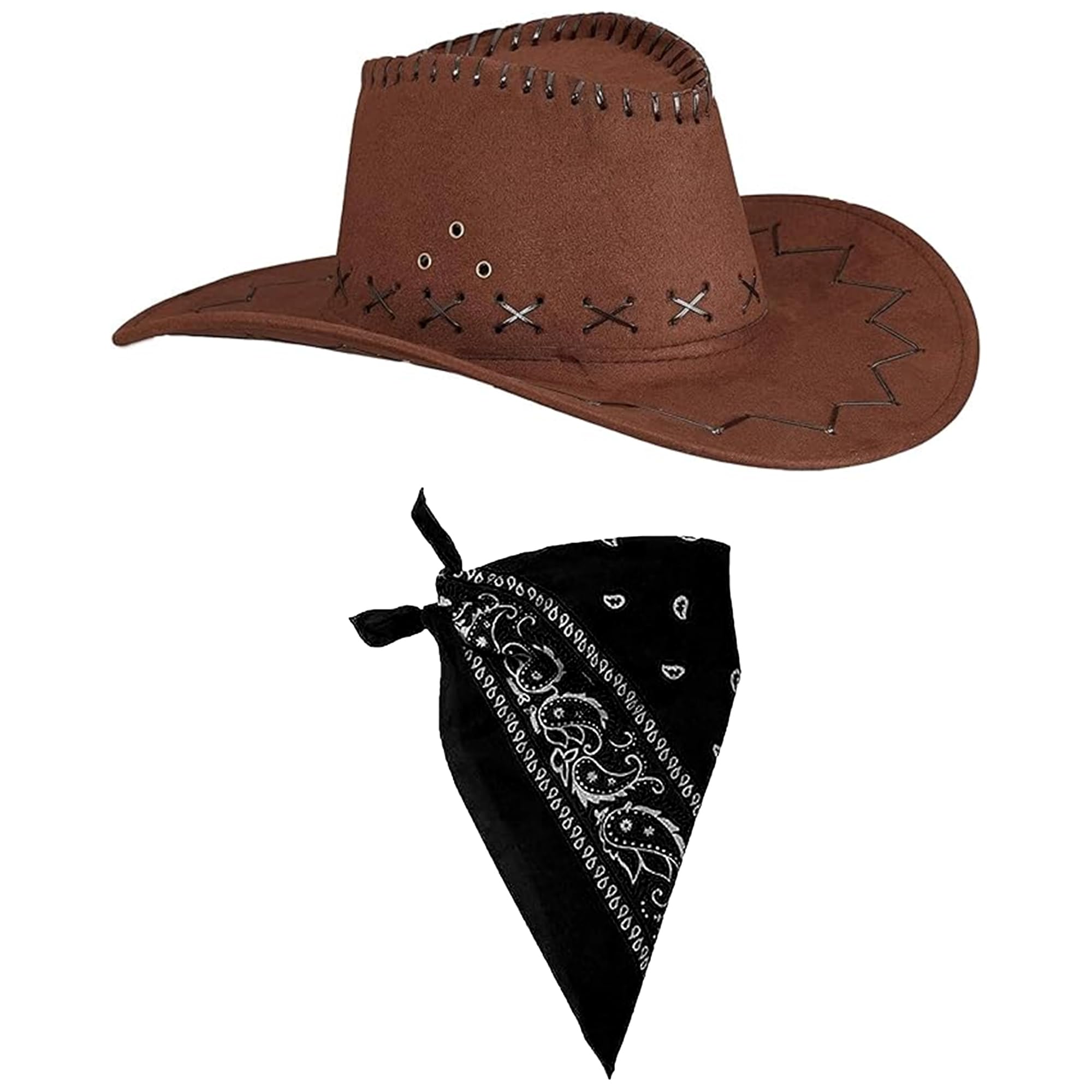 The Fancy Dress Cowboy Hat & Cowboy Neckscarf For Men & Women - Brown Leather Look Cowboy Wild West Western Sheriff Costume Accessory, Black