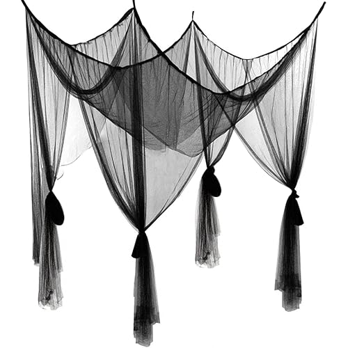 Mosquito Net Bed Canopy for Double Bed, Black Netting Four Corner Post Curtains Bed Drape Elegant Mosquito Net