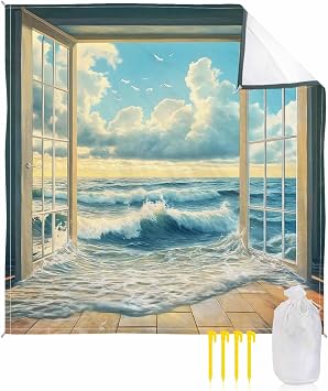 Window On The Ocean Beach Blanket Waterproof Sandproof, Wave Cloud Summer Scenery Beach Mat Quick Drying Outdoor Picnic Mat 108" x 84" for 1-6 Adults, Essentials for Travel Camping Hiking