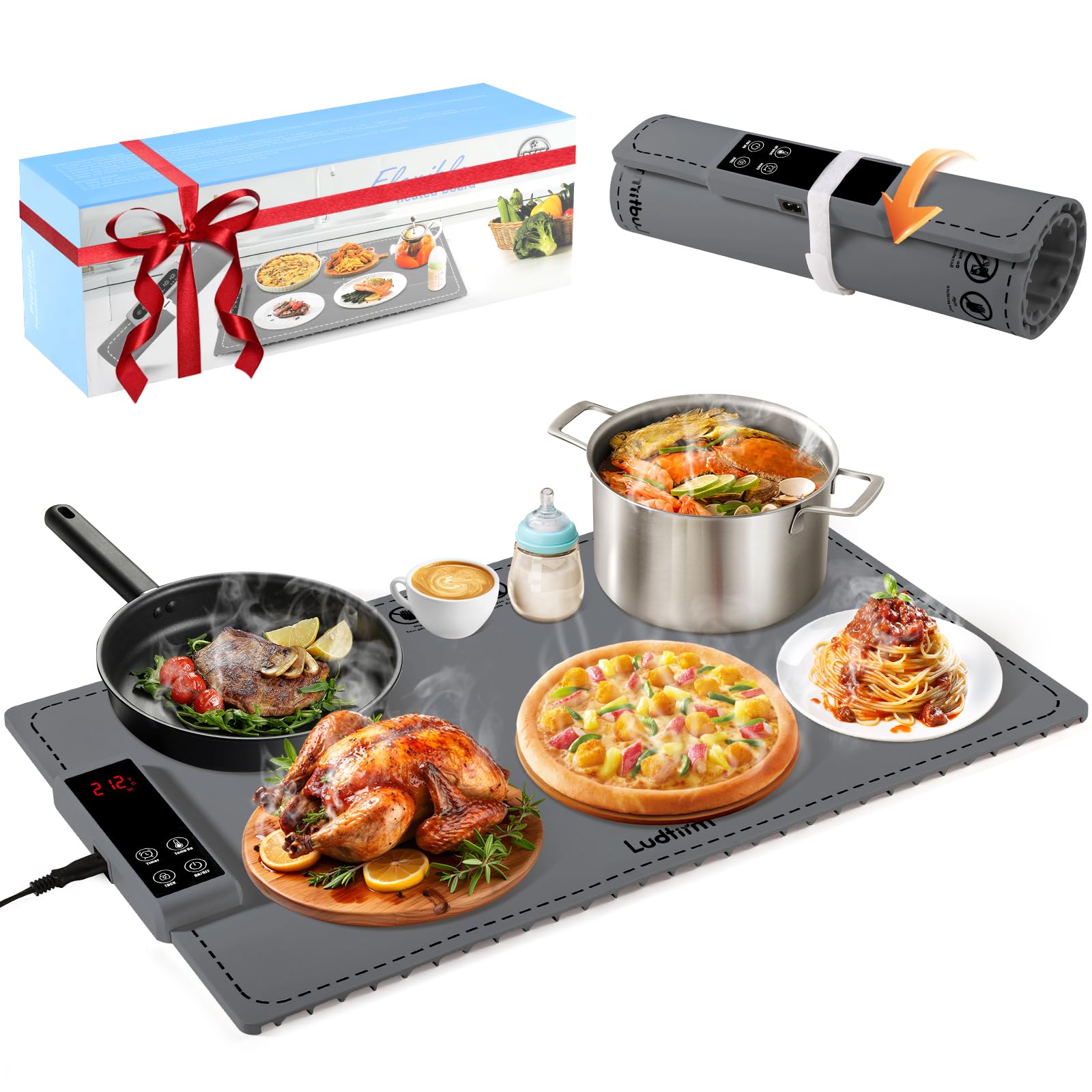 Warming Mat for Food, Graphene & Aluminum Foil Full Surface Heating Electric Warming Tray, 4 Safety Designs, 6 Temperature and 5 Timer Settings, Food