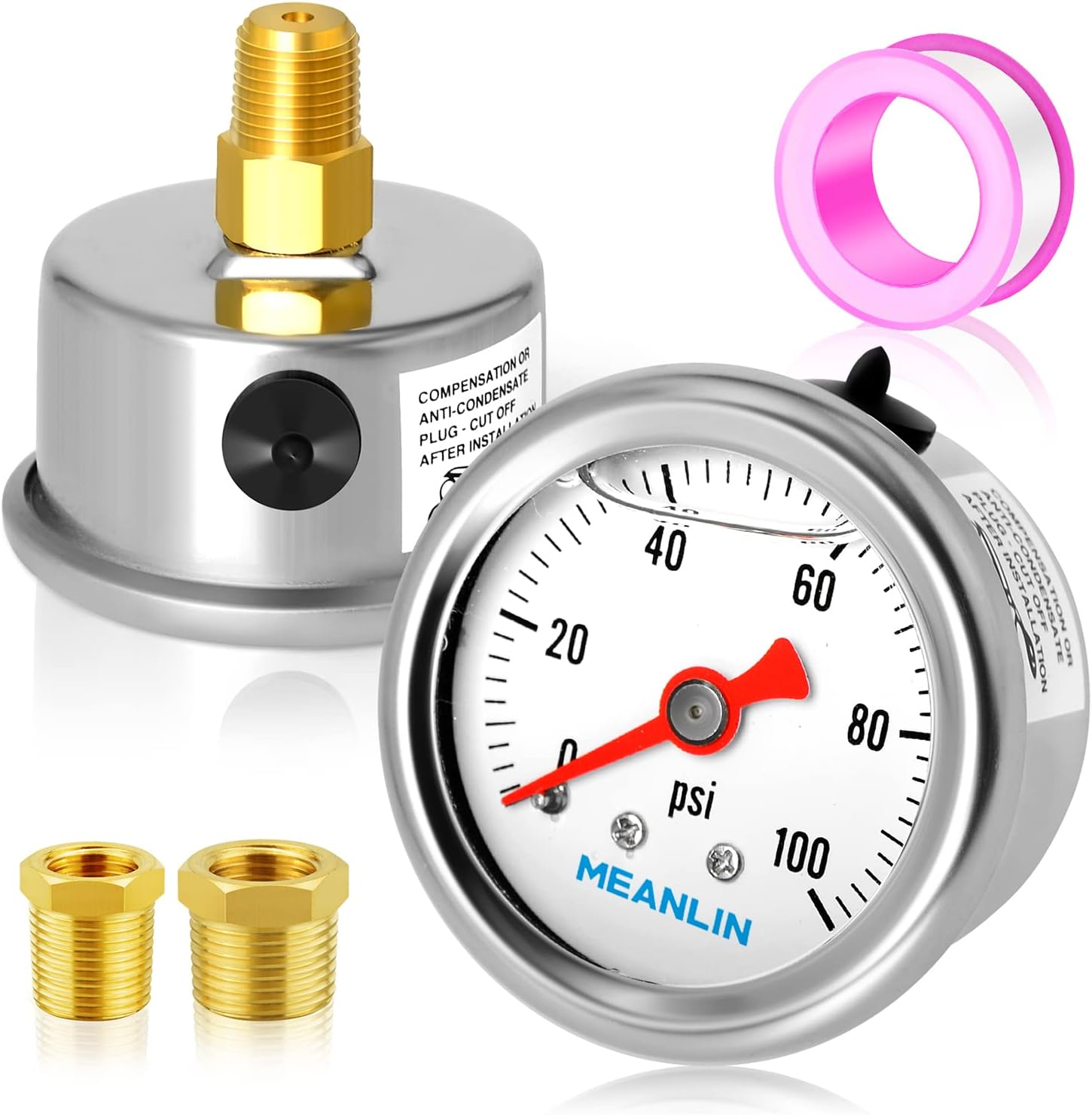 MEANLIN MEASURE 0~30Psi Stainless Steel 1/8" NPT 1.5" FACE DIAL， Glycerin Filled Fuel Pressure Gauge， Liquid Filled Pressure Gauge WOG Water Oil Gas Lower Mount : Industrial & Scientific