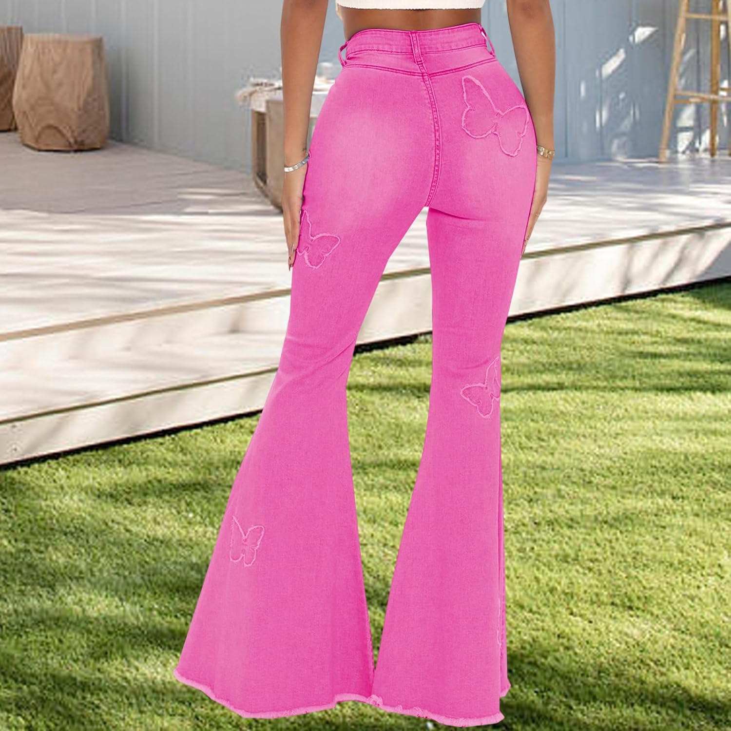 Women's Butterfly Bell Bottom Jeans Elastic High Waisted Embroidered Classic Flareed Jeans Raw Hem Denim Pants with Pocket - Image 3