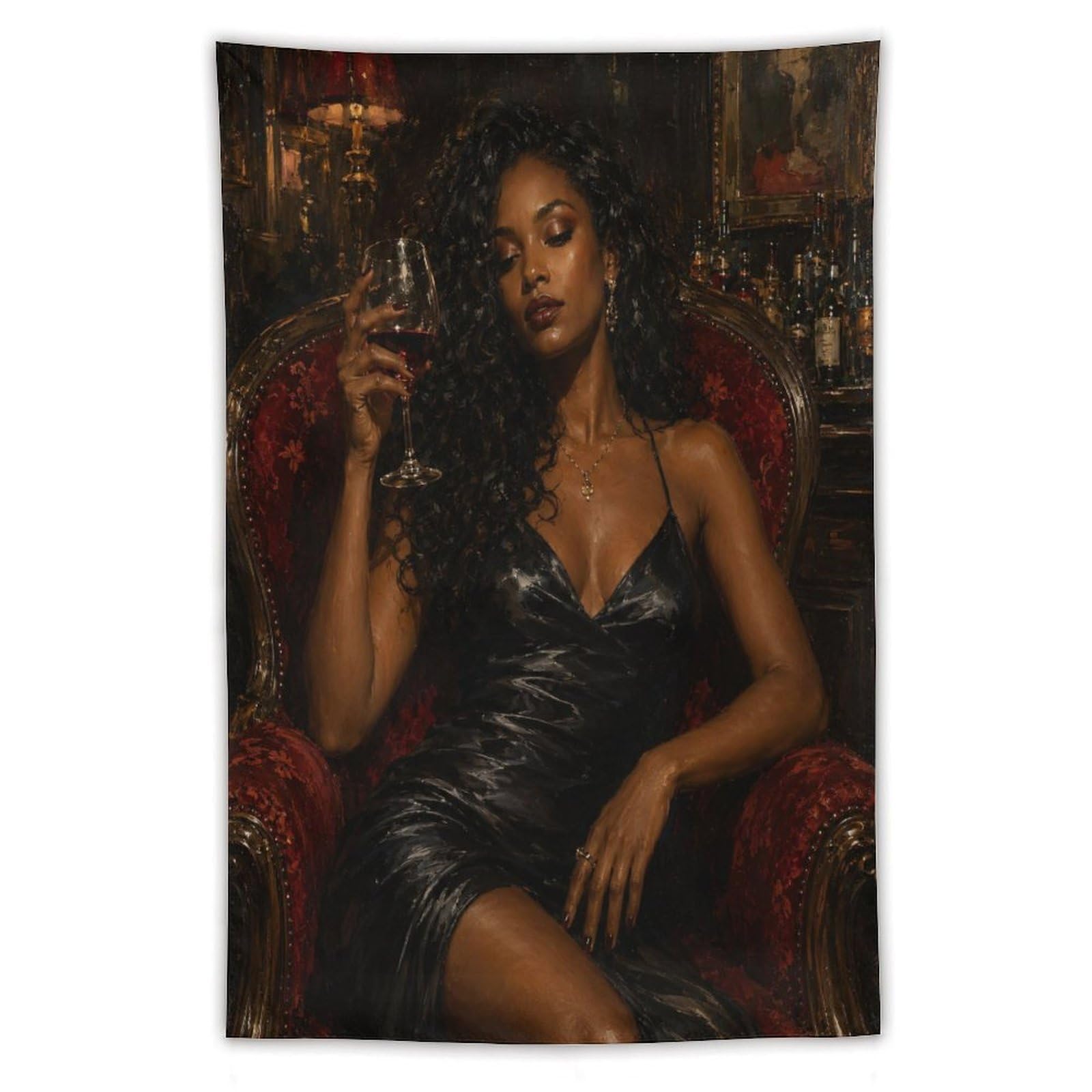 H3B8U2Y5 Elegant Black Woman Red Chair Wall Tapestry, Reading Corner