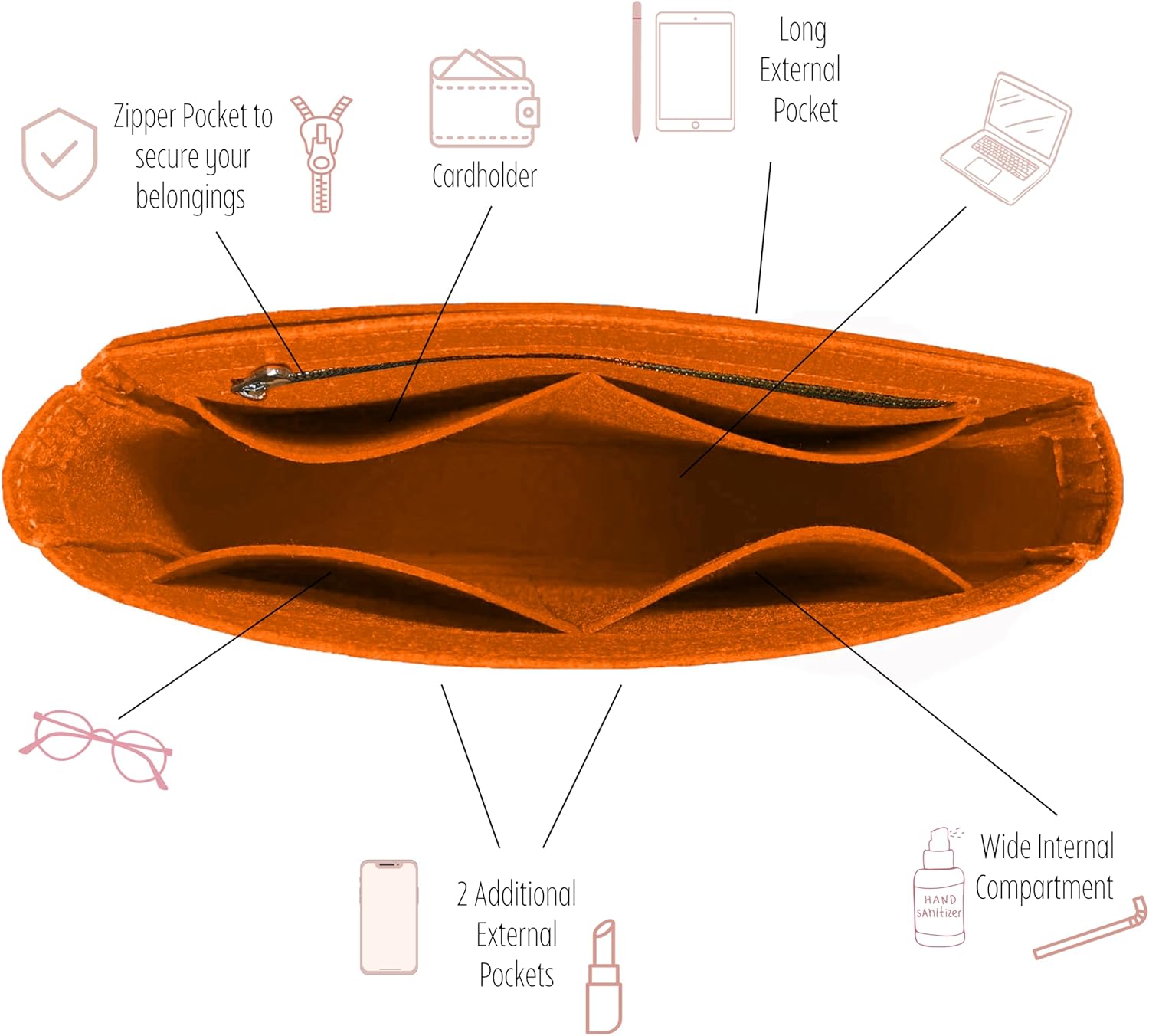 Divitize Premium Purse Organizer compatible with Evelyne 16/29/33 Bag Insert — Silver Zipper Perfect Fit, Durable Quality Felt, Full Coverage No Bulk, 24+ Shades - Image 5