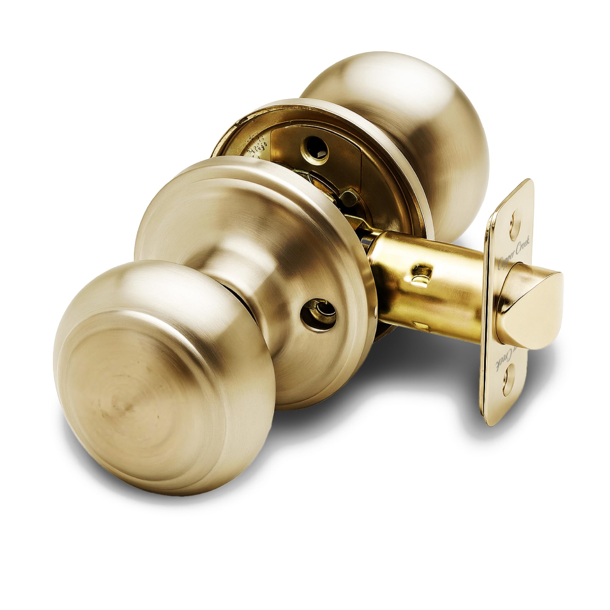 Copper Creek Colonial Passage Interior Door Knob – ANSI Grade-3 Certified, Modern Heavy Duty Handle, Easy Install and Reversible for Bedroom, Bathroom and Closets – Polished Brass (1 Pack)