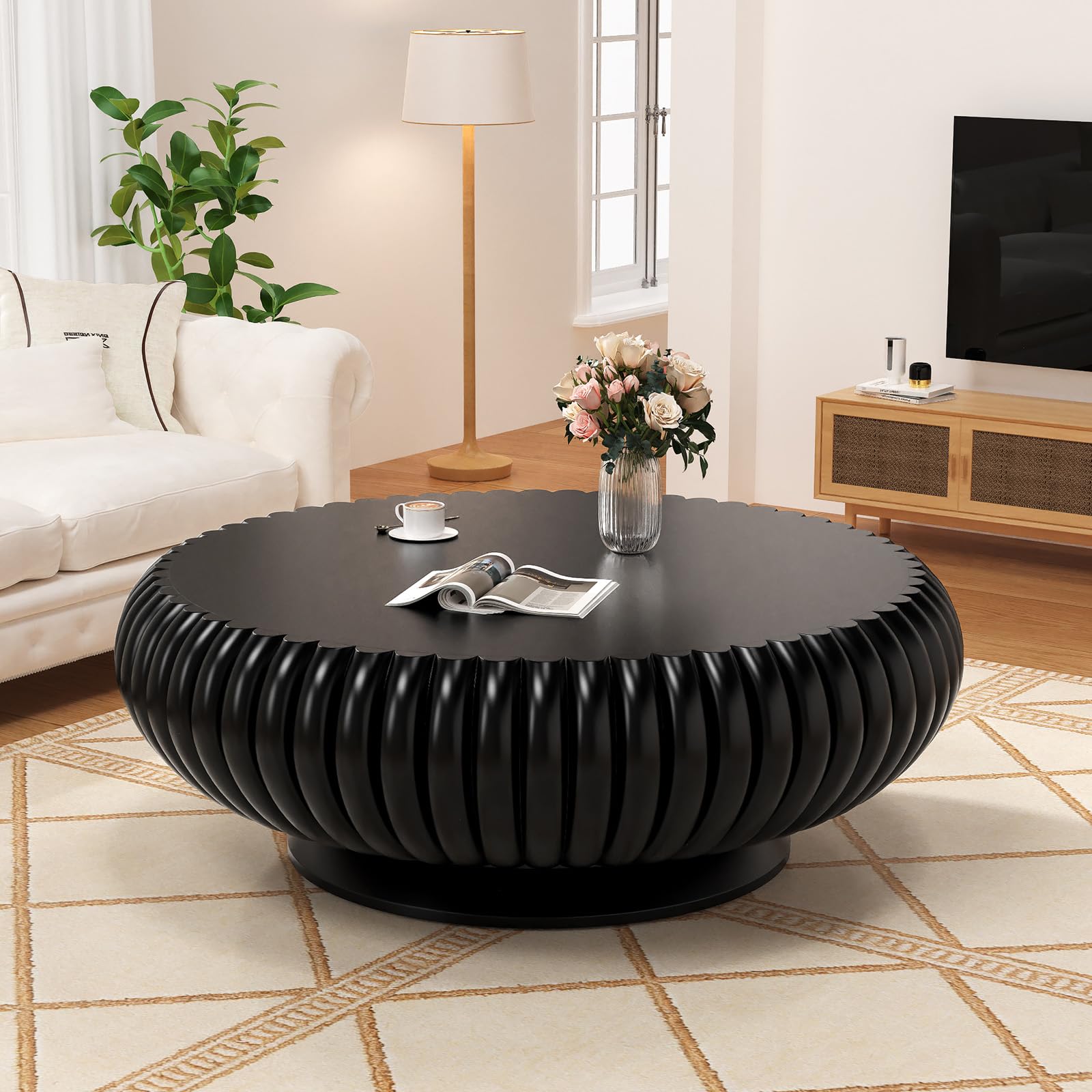 DYHQQ Round Fluted Coffee Table with Sturdy Pedestal Base