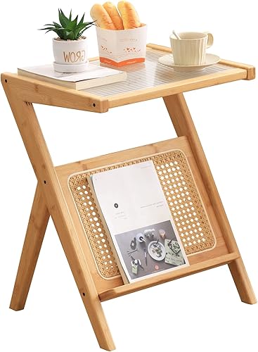 Tiita Mesita de noche de ratán, mesitas de noche con acento de bambú, mesas de café de cristal, mesa auxiliar de madera bohemia con almacenamiento