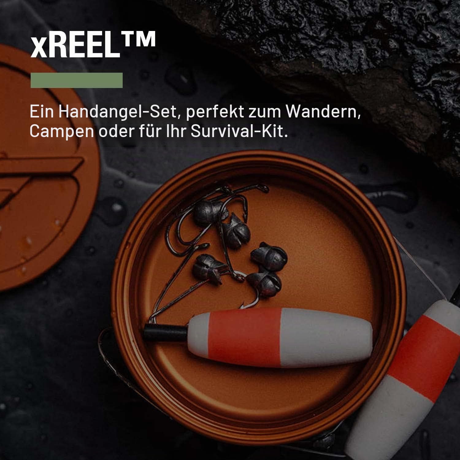 Exotac xREEL Handline Survival Pocket Fishing Kit mit Tackle Aufbewahrungsfach und flexiblem TPE Fingerriemen für optimale Rollenkontrolle, inklusive 6 Haken, 6 Split Shot und 2 Posen