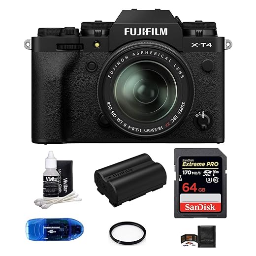 Fujifilm X-T4 Mirrorless Digital Camera with XF 18-55mm f/2.8-4 R LM OIS Lens (Black) Bundle, Includes: SanDisk 64GB Extreme PRO SDXC Memory Card, Spare Fujifilm NP-W235 Battery + More (7 Items)