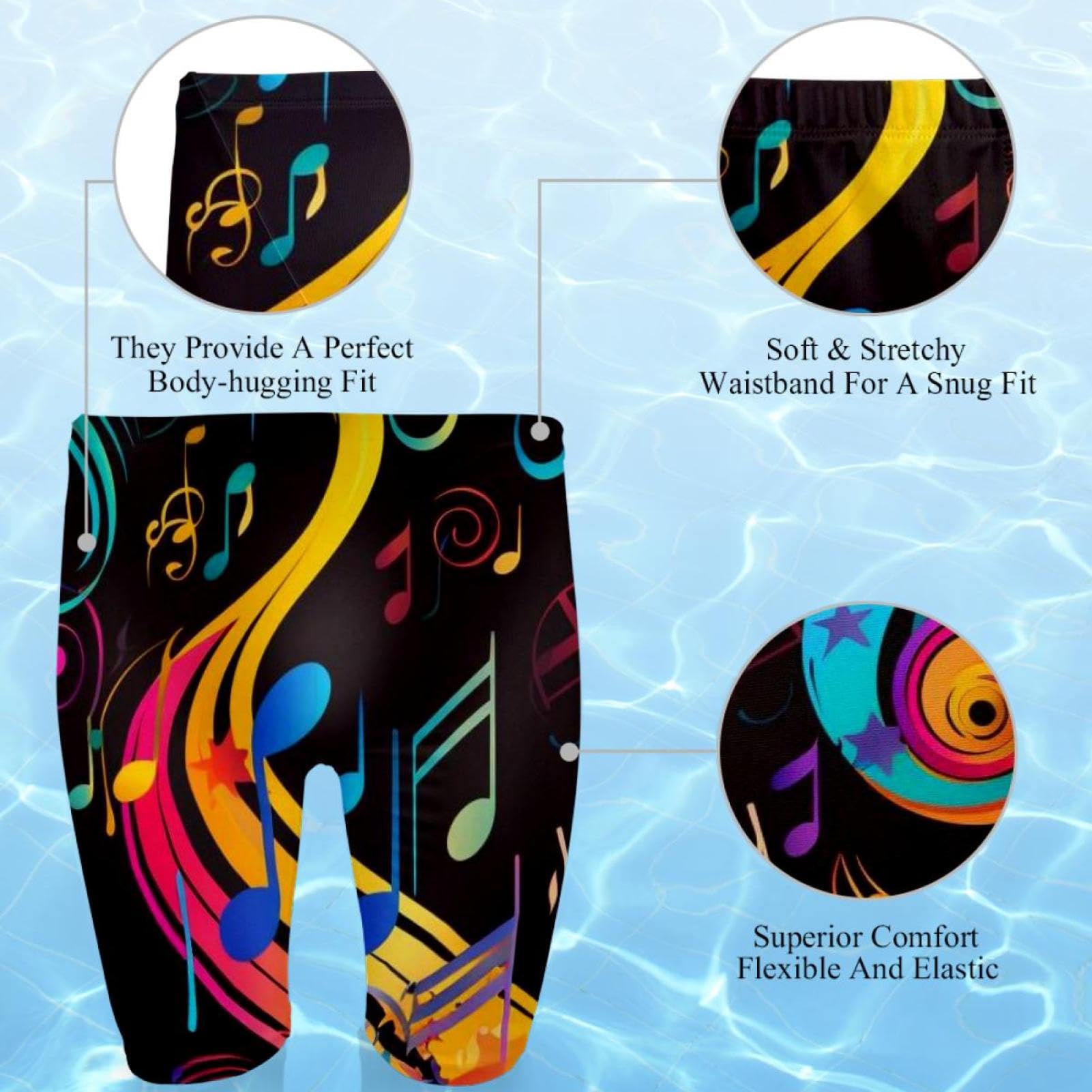 Colorful Music Notes Swimsuit for Men & Boys,Competition Lap Swim Suit, Square Leg Endurance Training