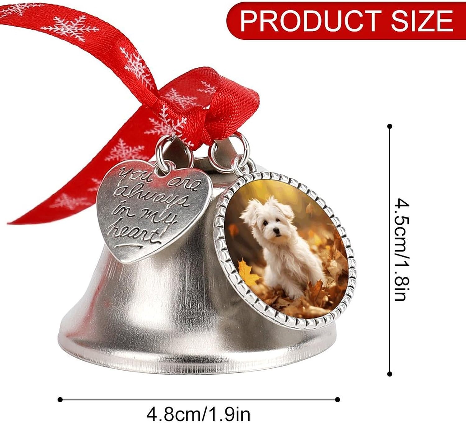 Leaves and White Dog Christmas Bells Ornaments with Wings & Heart Silver Bell Pendant for Christmas Tree Home Door Mantle Fireplace Decoration
