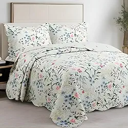 Kit Cobre Leito Colcha Dupla Face 03 Peças Estampado com Portas Travesseiros Floral (Casal, Floral Primavera Azul)