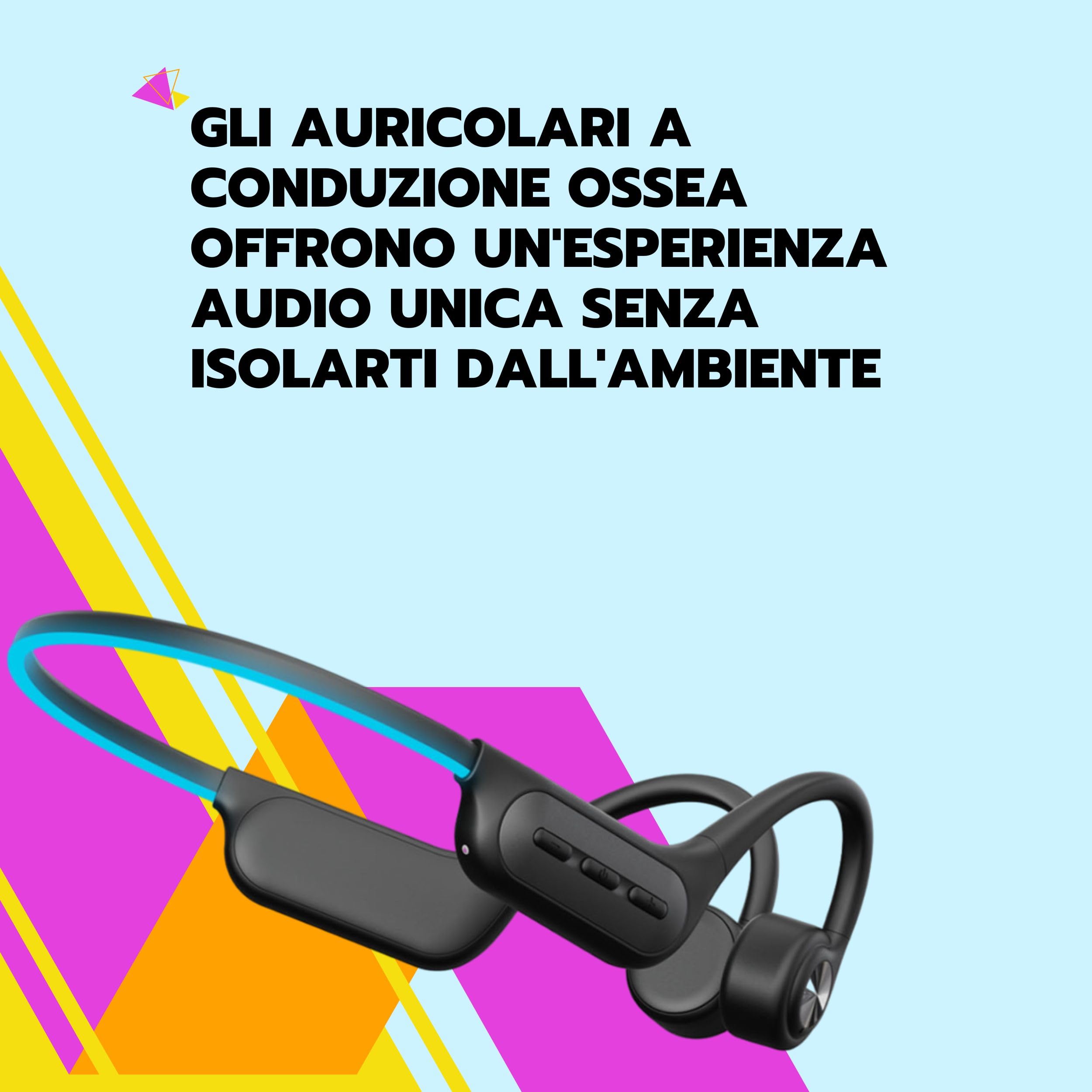 SAIET - Cuffie Conduzione Ossea Bluetooth - Auricolari Running e Piscina Waterproof - 6h di Ascolto Musica - Impermeabili con Fascia Luminosa - Nero