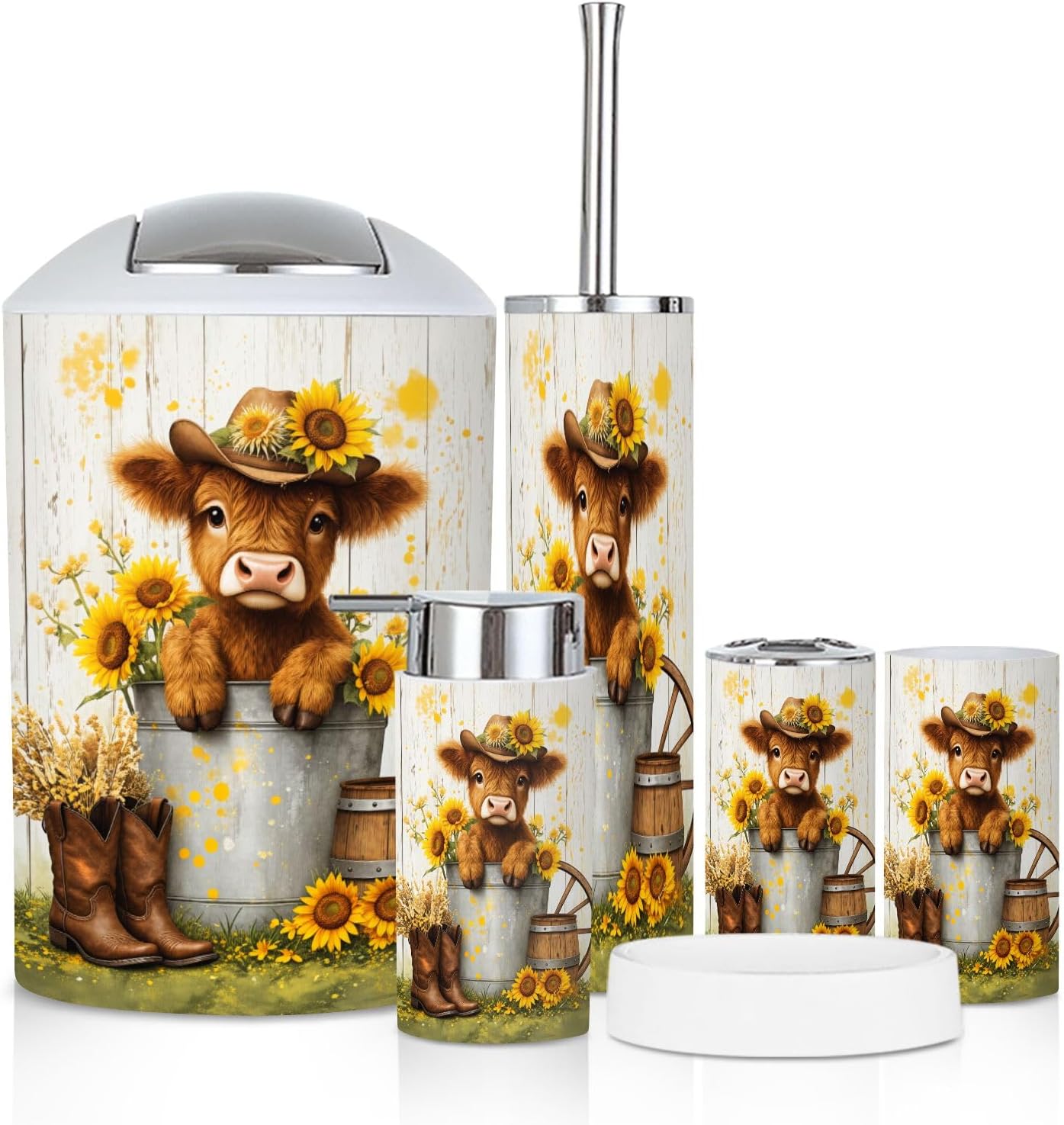 Bathroom Accessory Set 6 Piece Cow Cowboy Hat Surrounded by Sunflowers Western Decor Trash can, Toothbrush Holder, Soap Dispenser, Soap Dish, Toothbrush Cup, Toilet Brush Holder