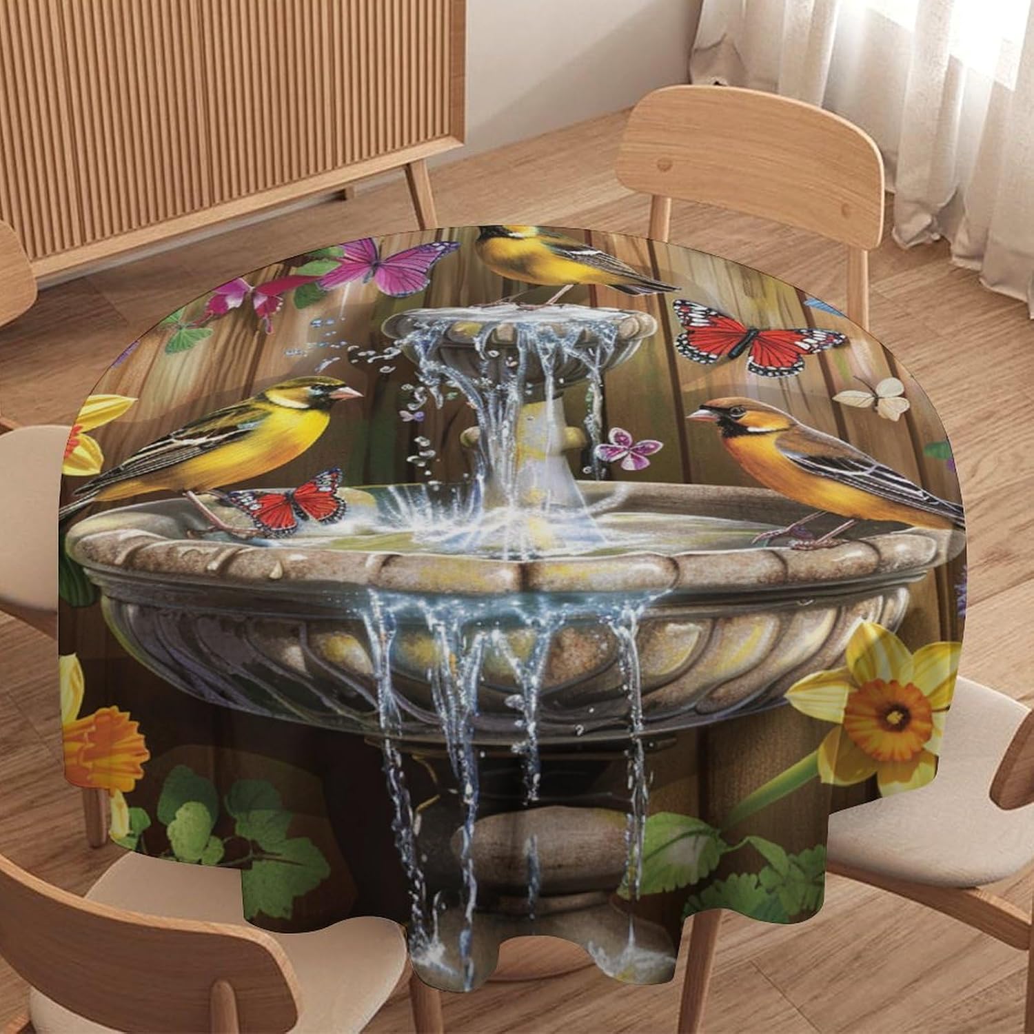 Colorful Garden Fountain Round Tablecloths, Glam Floral Butterfly Birds Washable Holiday Decor Table Cover for Kitchen, Dining, Party, 36Inch