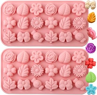 2 Pack 18-Cavity Flower Silicone Fondant Molds Daisy Flower Leaf Bow Candy Cake Resin Mold Chocolate Ice Cube Fondant Molds for Soap, Lotion Bar, Chocolate, Candy Baking Molds Jelly, Ice Cube Tray