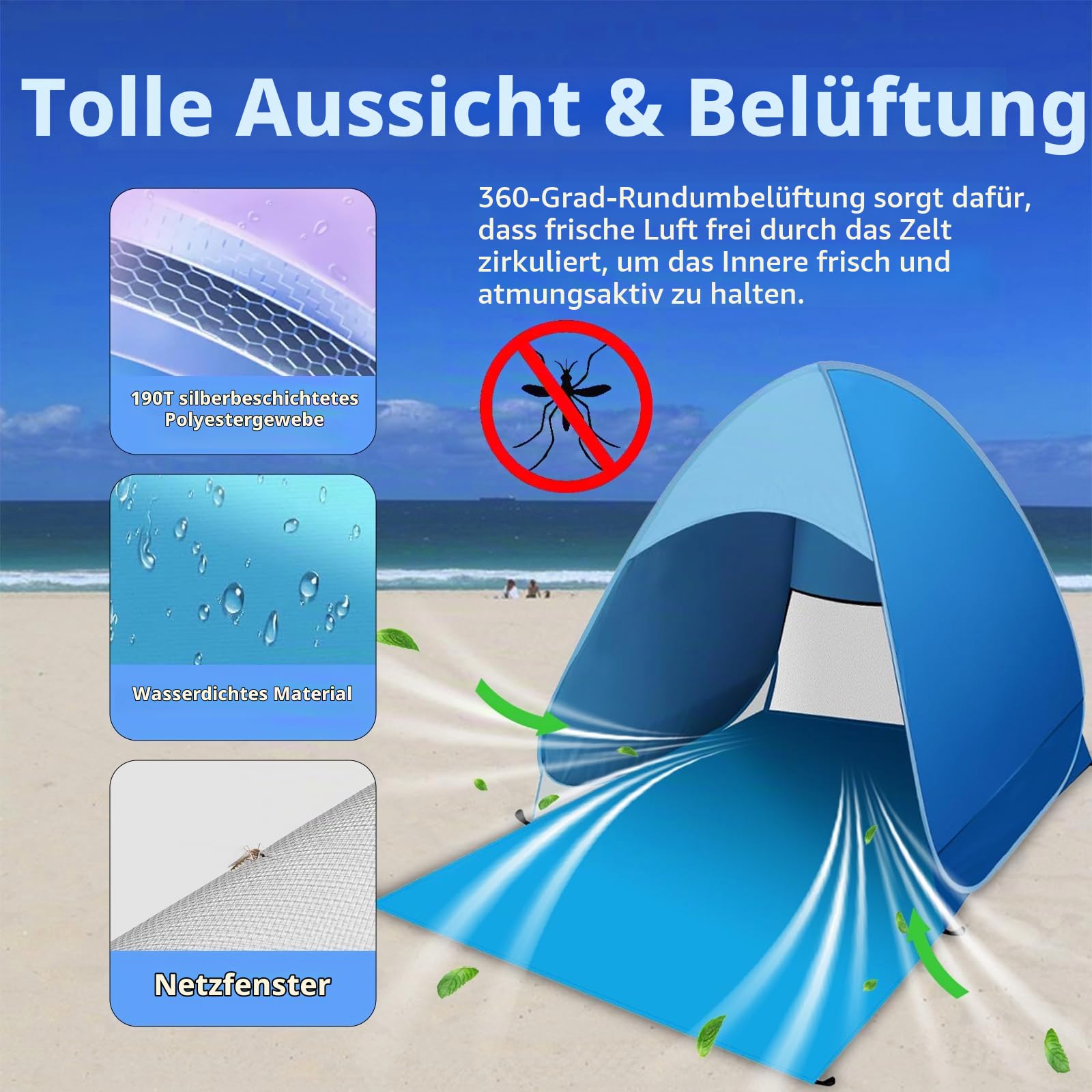 Strandmuschel Pop Up, Tragbares Automatisches Wasserdichtes Schattenzelt, UPF 50+ Strandzelt für 1-3 Persone, Pop-up Wasserdicht tragbar Wurfzelt, Beach Zelt für Camping Garten Strand