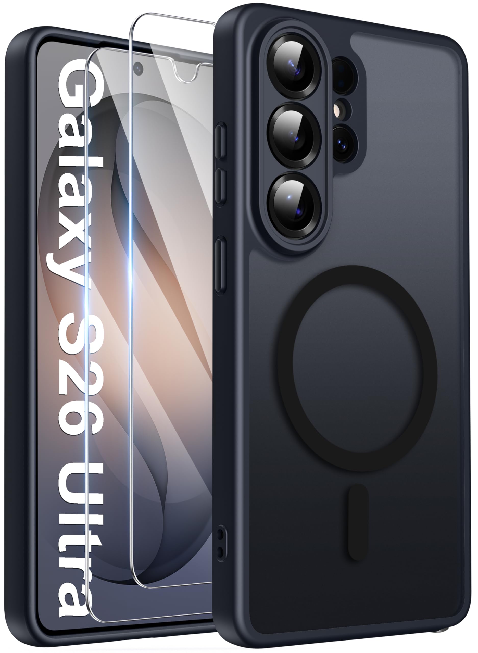 Opkiegrn Magnetisch für Samsung Galaxy S26 Ultra Hülle mit 2 Schutzfolie Kompatibel mit MagSafe, Vollständiger Kameraschutz, Stoßfest Transluzente Matt Schutzhülle Samsung S26 Ultra 5G, Schwarz