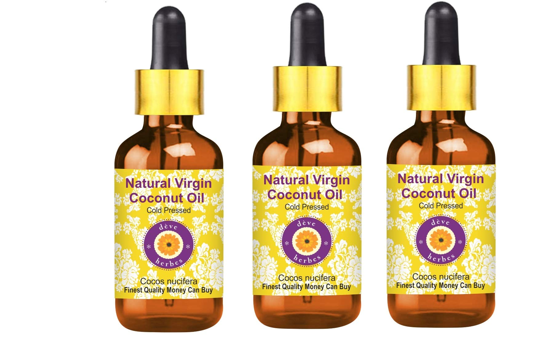 Deve Herbes Olio di cocco vergine naturale (Cocos nucifera) con contagocce in vetro pressato a freddo (confezione da tre) 100 ml x 3 (10 oz)