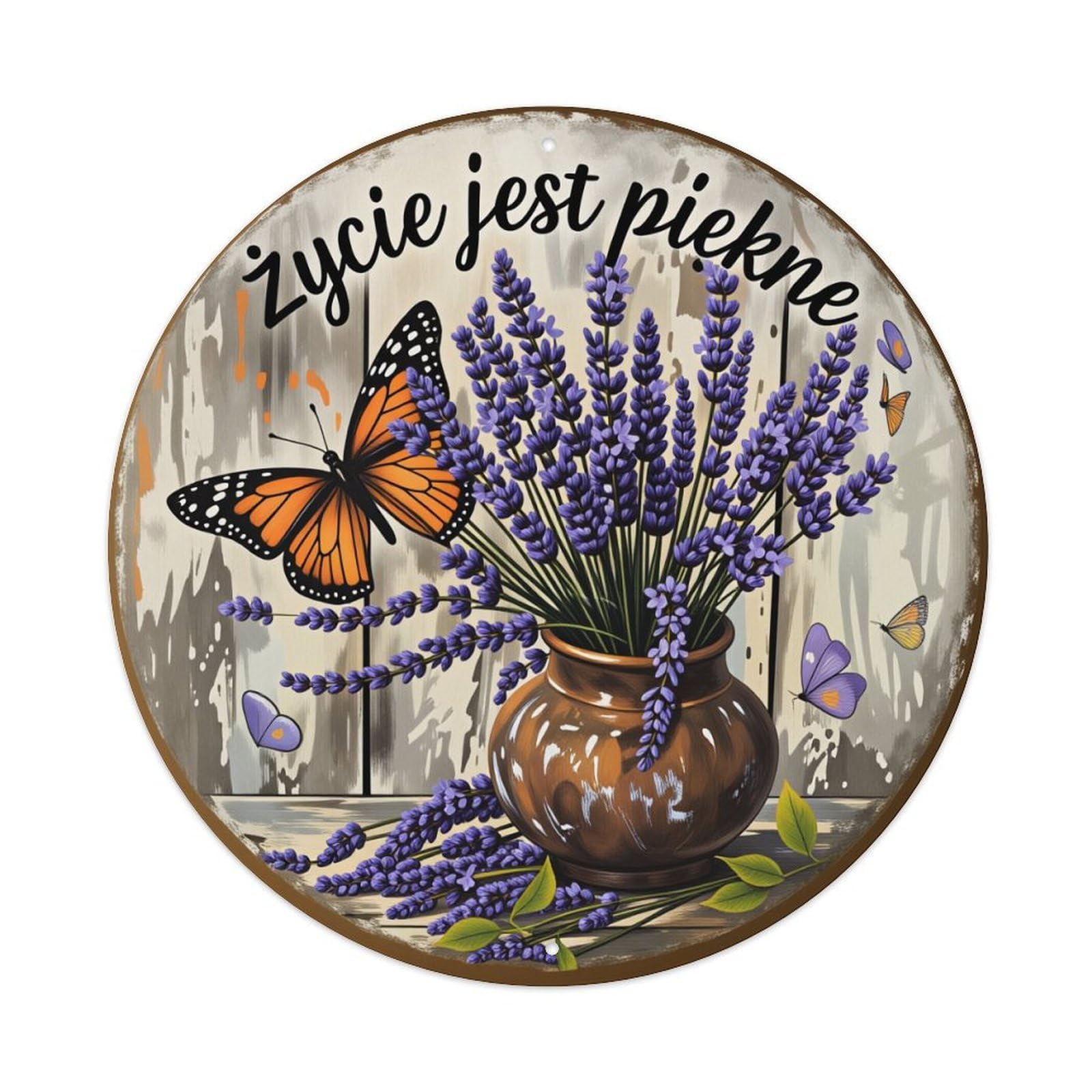 Butterfly Lavender Vase Nature Life Round Tin Sign Vintage Style Metal Sign Home Bar Garden Wall Plaque Decor Metal Poster 8x8 Inch